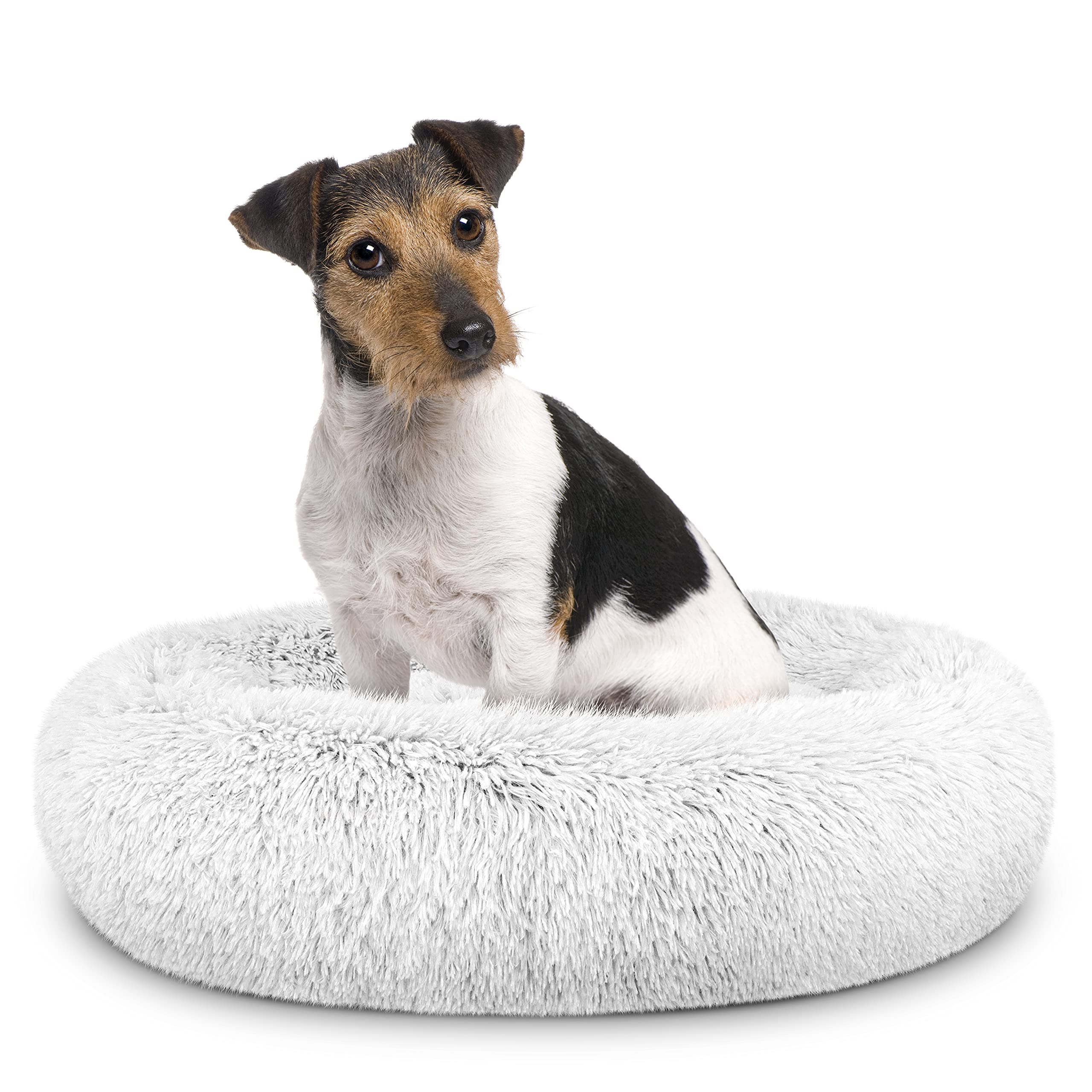 The Dogs Bed Sound Sleep Donut Dog Bed, Medium Ice White Fur Calming Nest Bed, Veterinary Approved