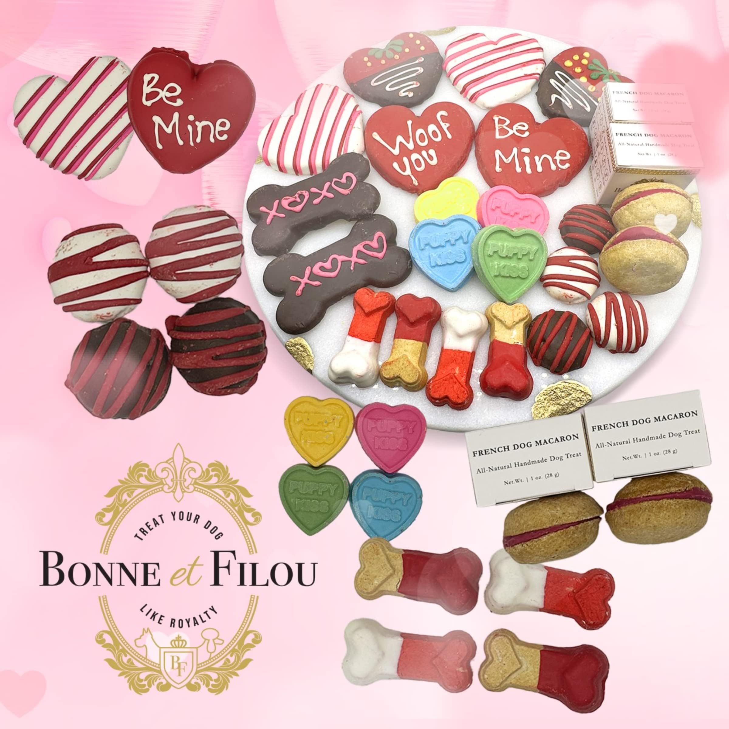 Bonne et Filou Love Dog Treats Gift Box, 22 Luxury Macarons, Truffles & Bone Cookies, Healthy & Delicious Snacks for Medium to L