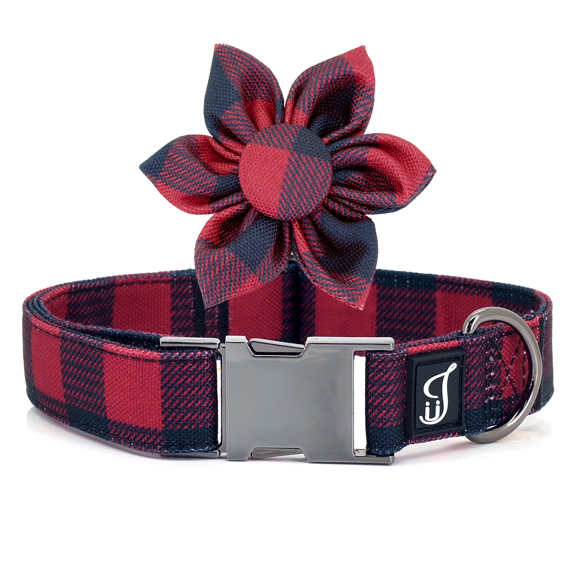 Ultra Joys Girl Dog Collars With Flower - Female Dog Collars With Comfortable Cotton Fabric & Metal Buckle In Buffalo Check Desi
