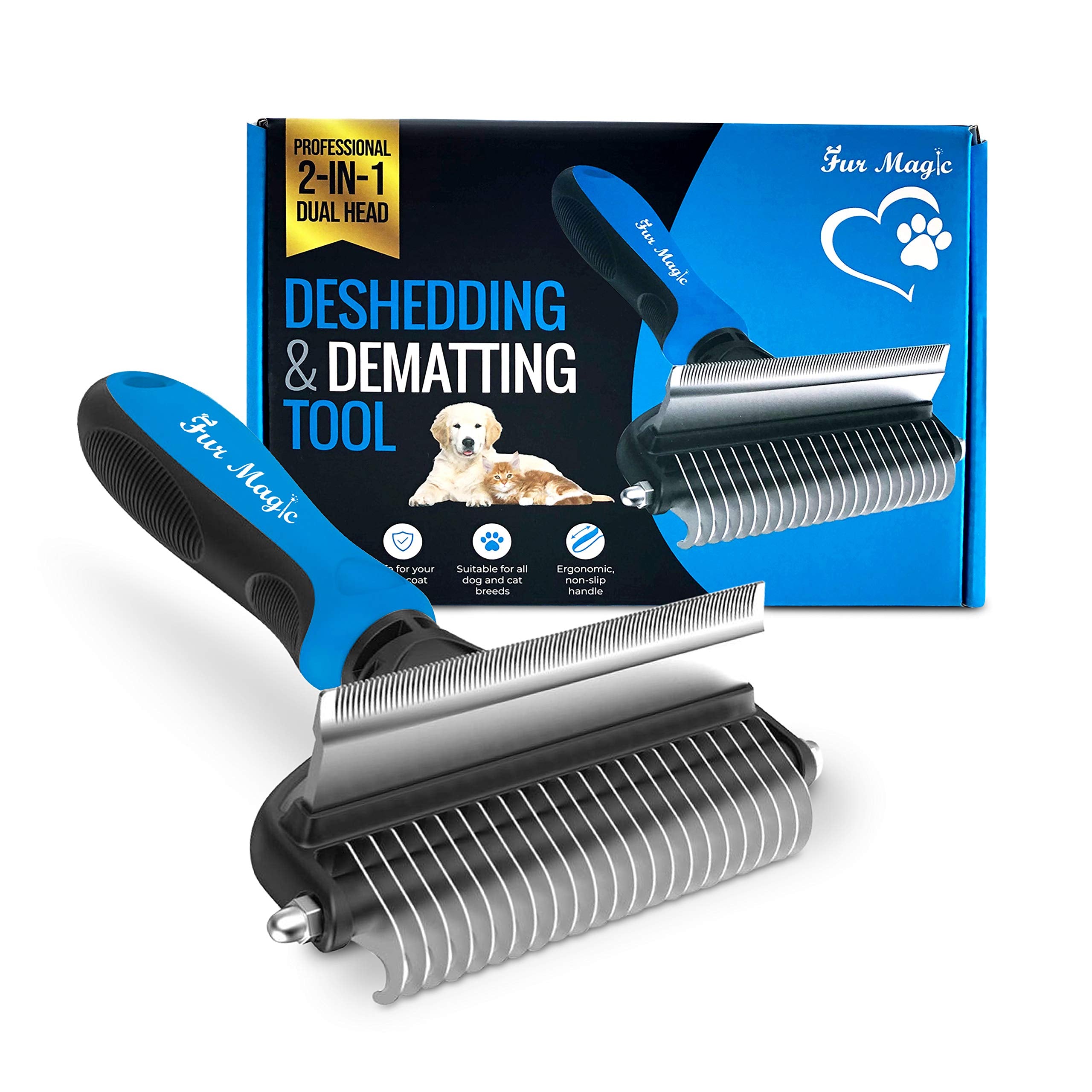 Fur Magic Deshedding And Dematting Tool, 2 Sided Pet Grooming Brush For Deshedding, Mats And Tangles Removing For Dogs And Cats 