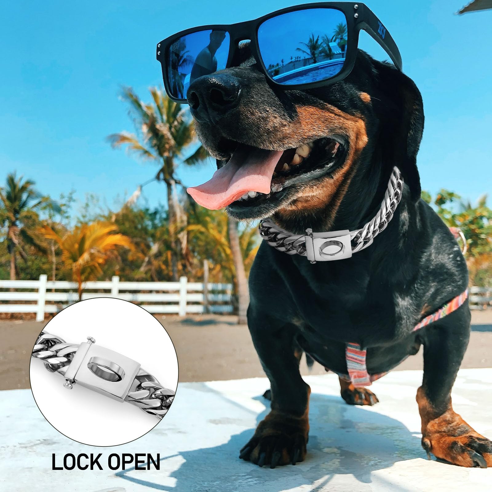 Baobote Silver Chain Dog Collar, 16Mm Heavy Duty Cuban Link Collar With Secure Snap Buckle, Chew Proof For Dogs (22'' Silver)