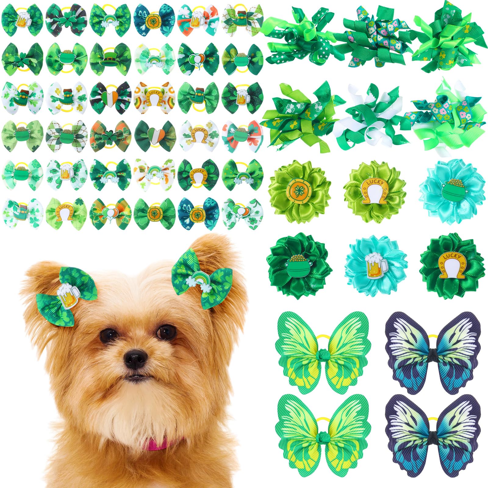 Wavwavw 52 Pieces St Patrick'S Day Bulk Dog Hair Bows With Rubber Bands St Patrick'S Day Dog Grooming Shamrock Bows Holiday Iris