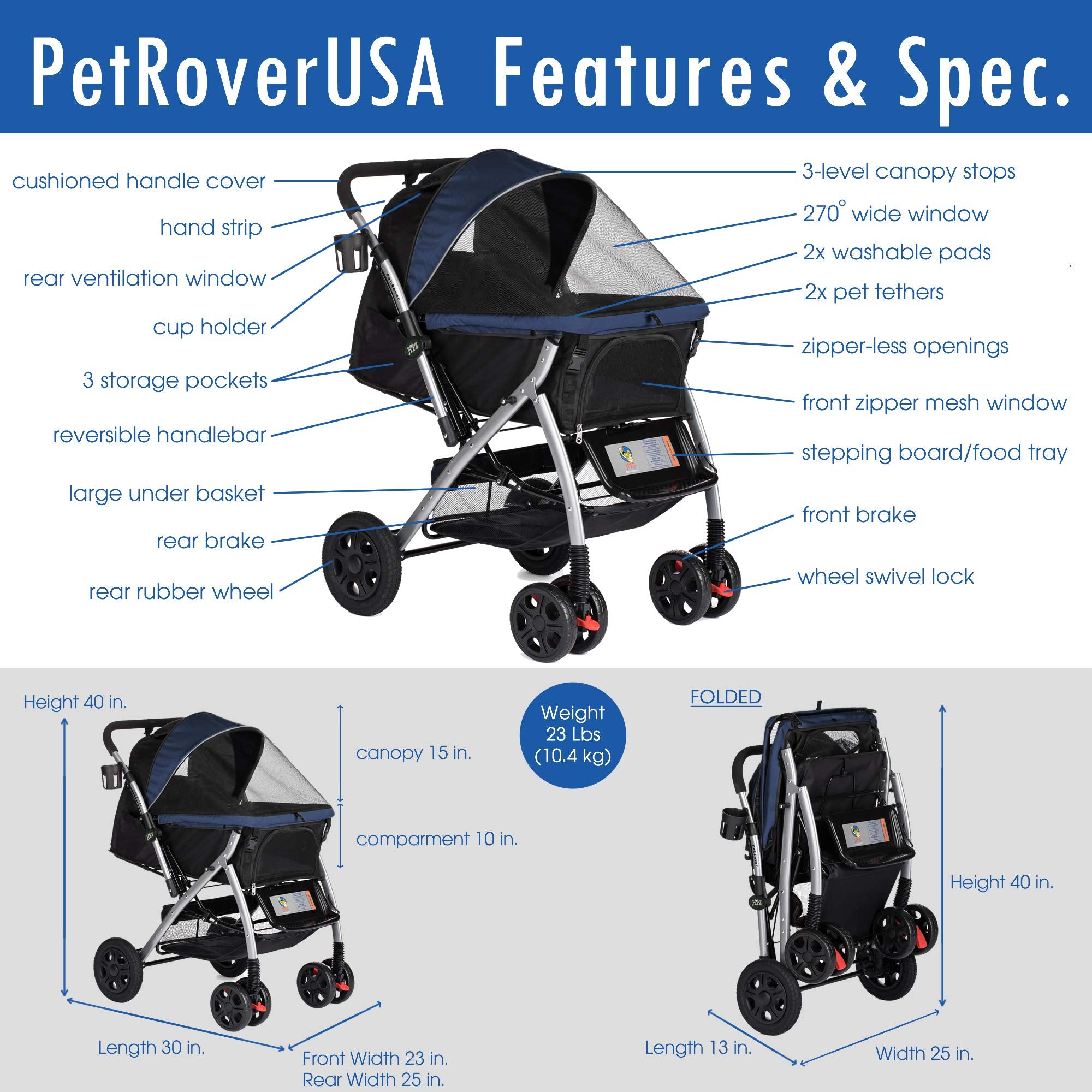 HPZ Pet Rover Heavy Duty Pet Stroller, Large, Alloy Steel, Midnight Blue, Model DS328, Zipperless Entry, Reversible Handle