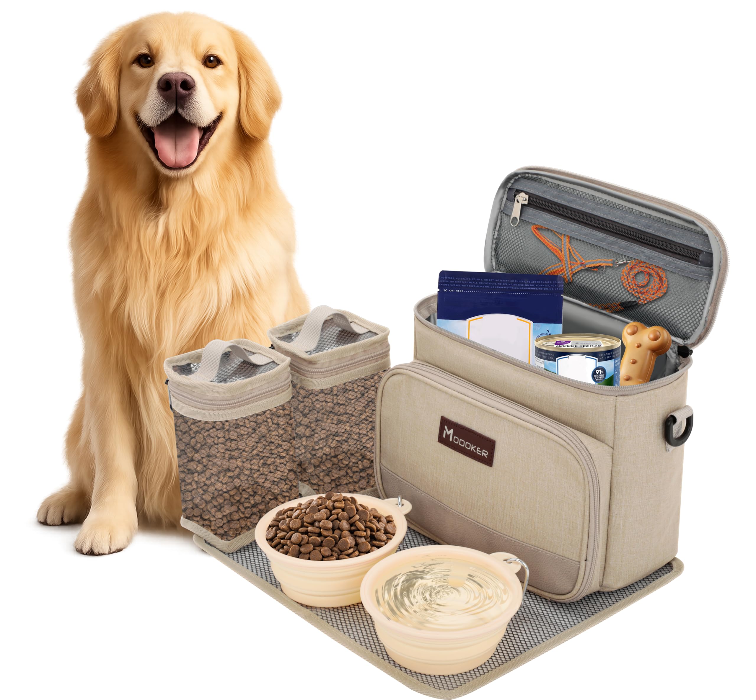 Modoker Dog Travel Bag Organizer for Supplies with 2 Food Containers, 2 Collapsible Bowls & Feeding Mat, Airline Approved Dog Tr
