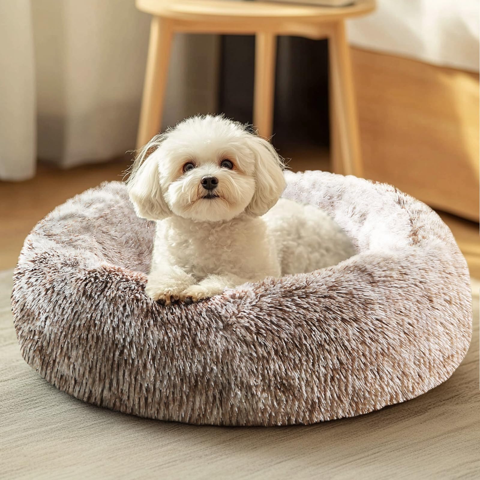 JOLLYVOGUE Dog & Cat Bed, Calming Faux Fur Donut Cushion for Small Pets, 20" Brown