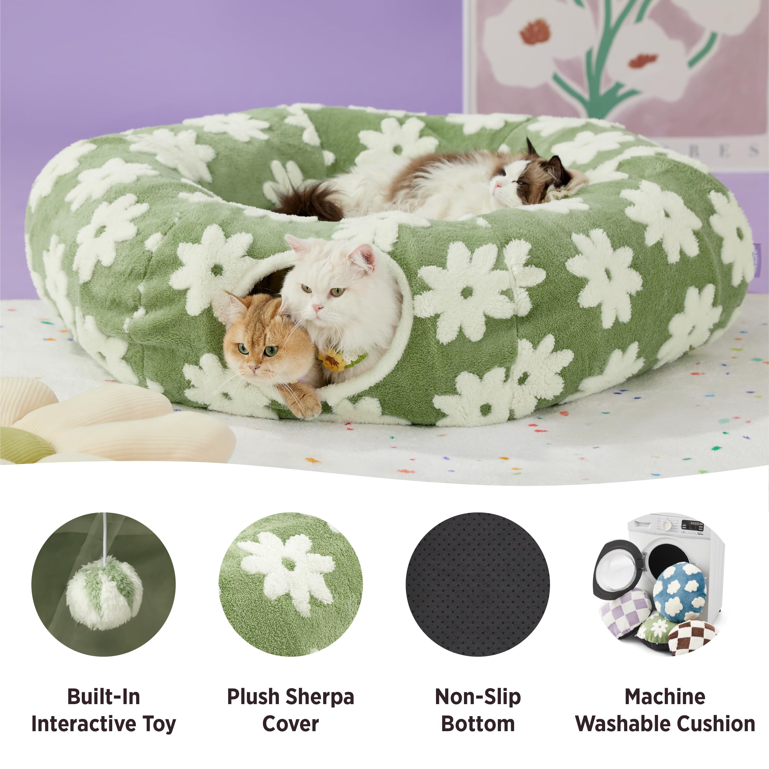 LE SURE Large Cat Tunnel Bed - Green Cute Donut with Washable Cushion, Round Peekaboo Cave for Cats, Kittens, Puppies, Rabbits