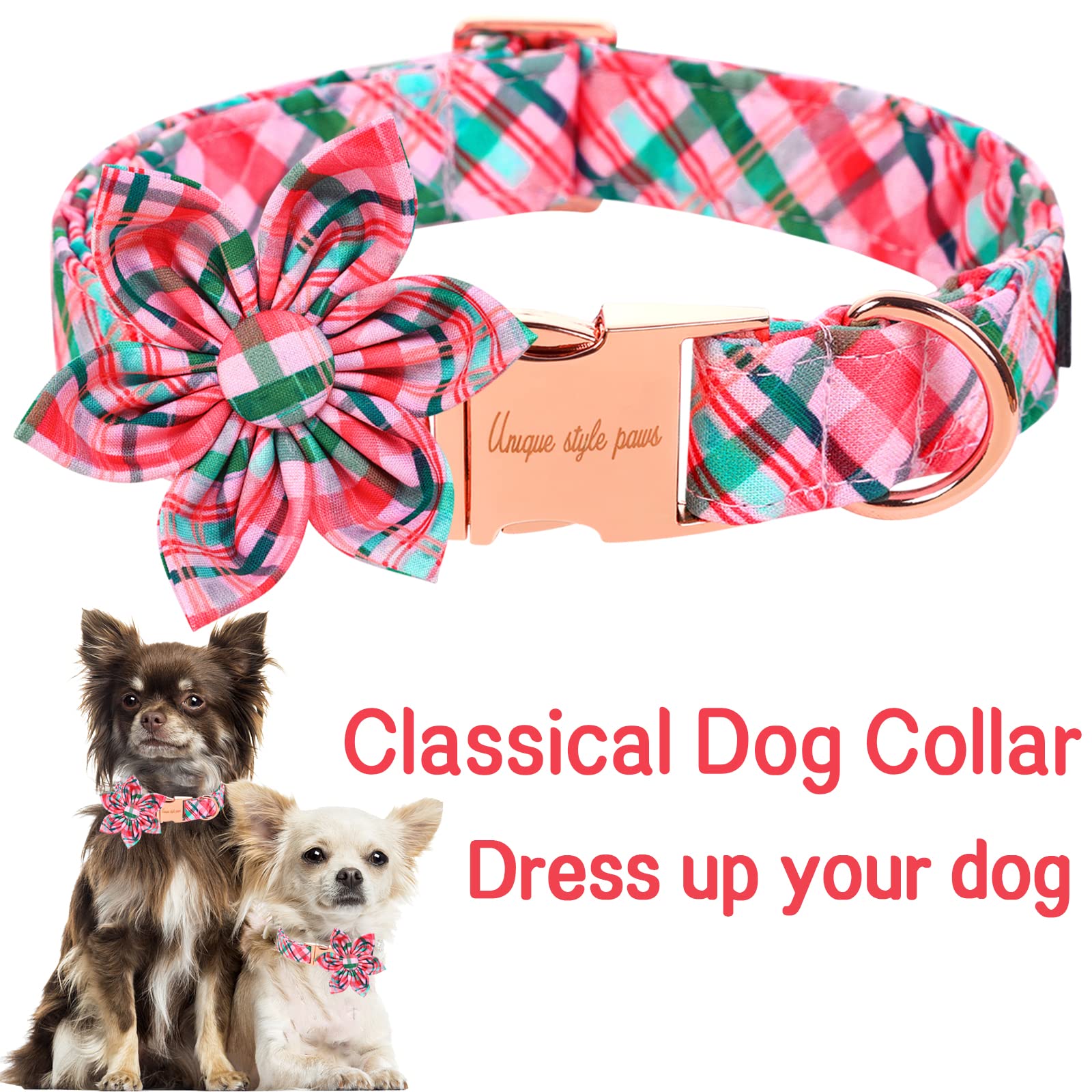 Unique Style Paws Dog Collar With Flower Pink & Green Plaid Dog Collar Best Gifts For Small Medium Large Dogs -S