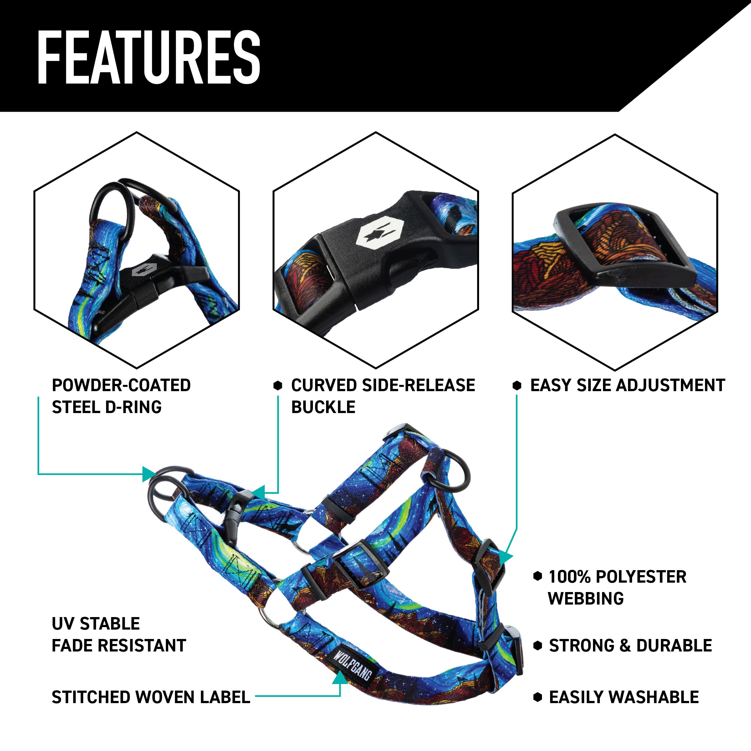 Wolfgang Heavy Duty Adjustable Dog Harness, Pull-Tested for Walking & Training, StarryWolf Print, X-Large