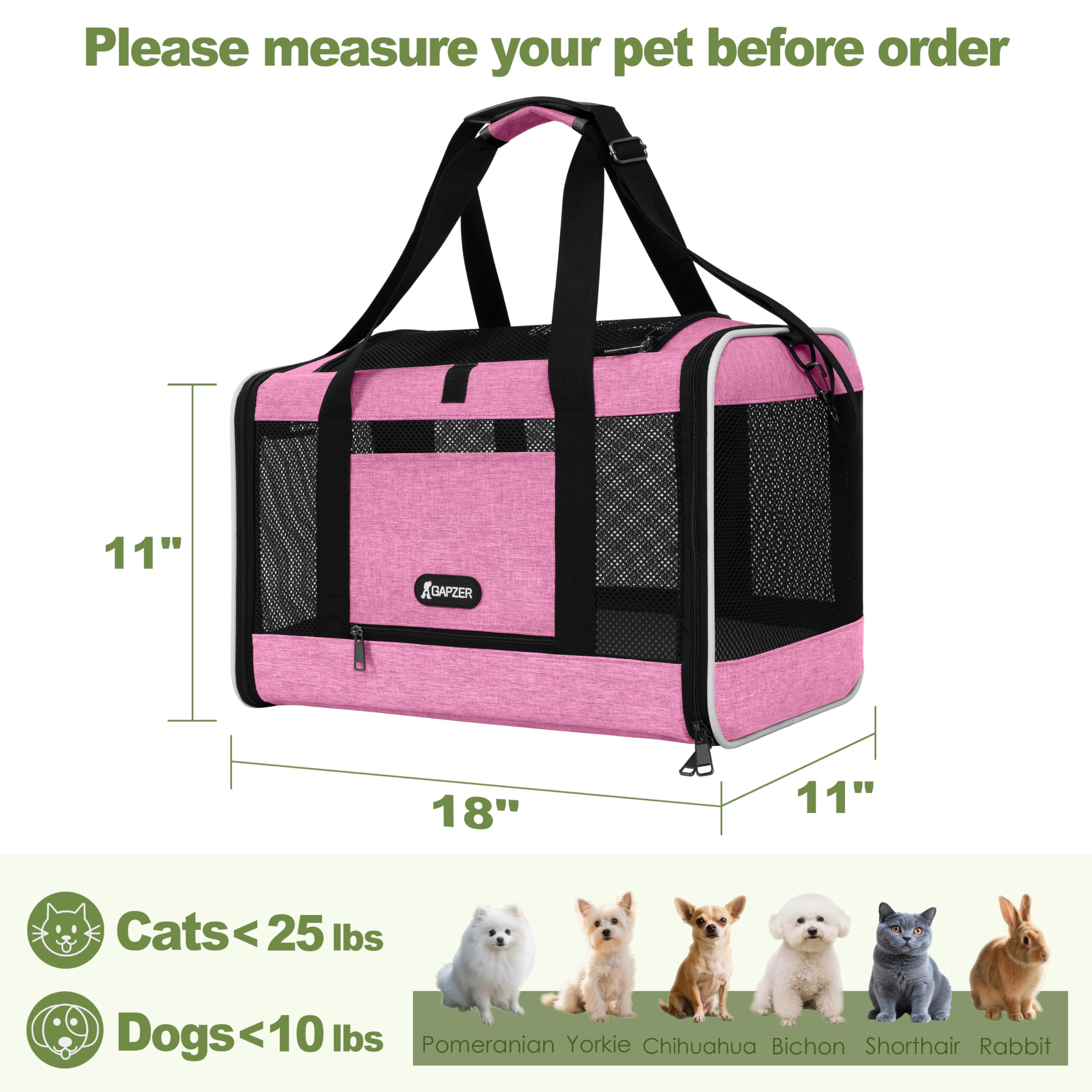GAPZER Cat Carrier 18x11x11 Delta Airline Approved, Easy Load Soft Pet Plane Travel Bag 15 pounds, Teacup Dog Crate 12 lbs, York
