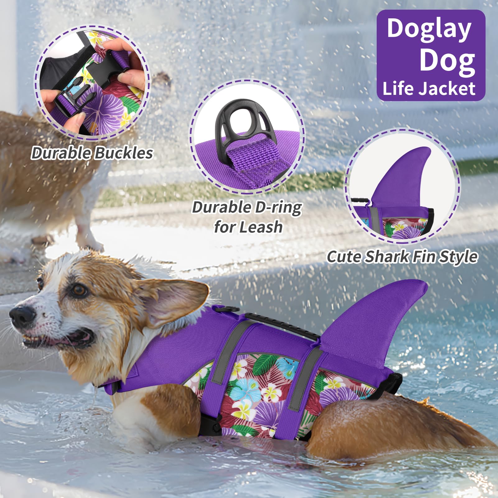Doglay Dog Life Vest - Cute Shark Design With Superior Buoyancy And Rescue Handle, Adjustable For Boating And Swimming, Ripstop