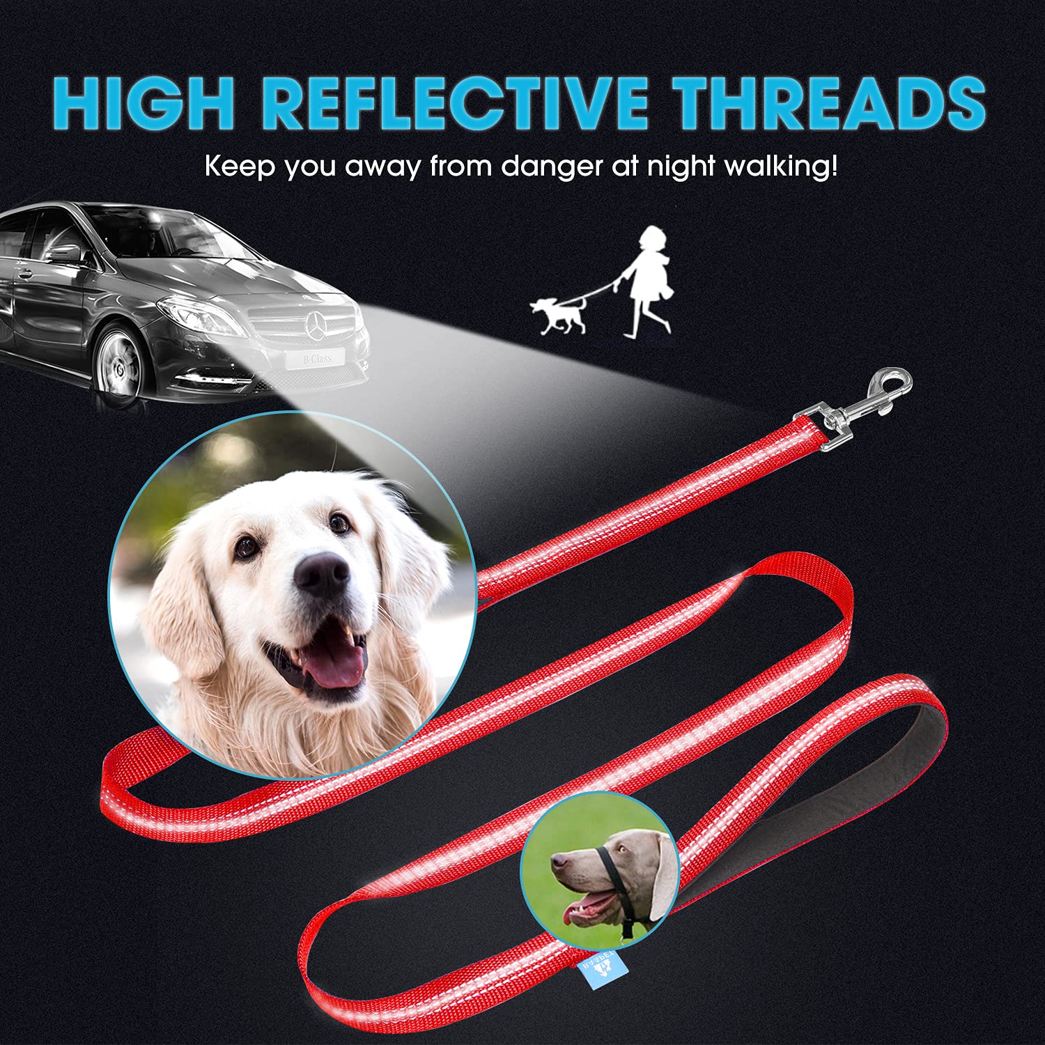 Baapet 5 Feet Nylon Dog Leash With Triple Reflective Threads And Comfortable Padded Handle For Walking, Training Lead Small Puppy, Medium And Large Dogs (3/4'' X 5 Ft, Red)