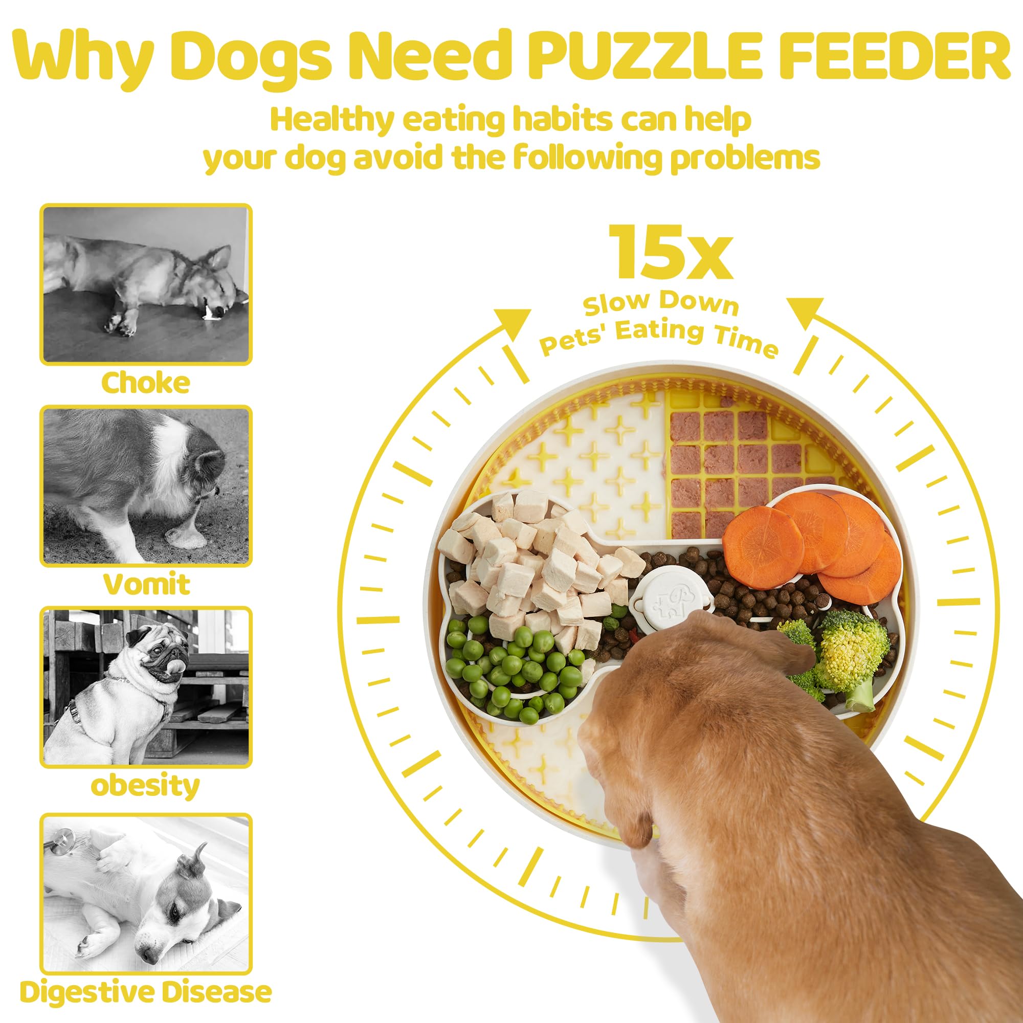 Puzzle Feeder Slow Feeder Dog Bowl with Lick Mat and Puzzle Inserts - Non-Slip Base, Adjustable Speed Design, Dishwasher Safe fo