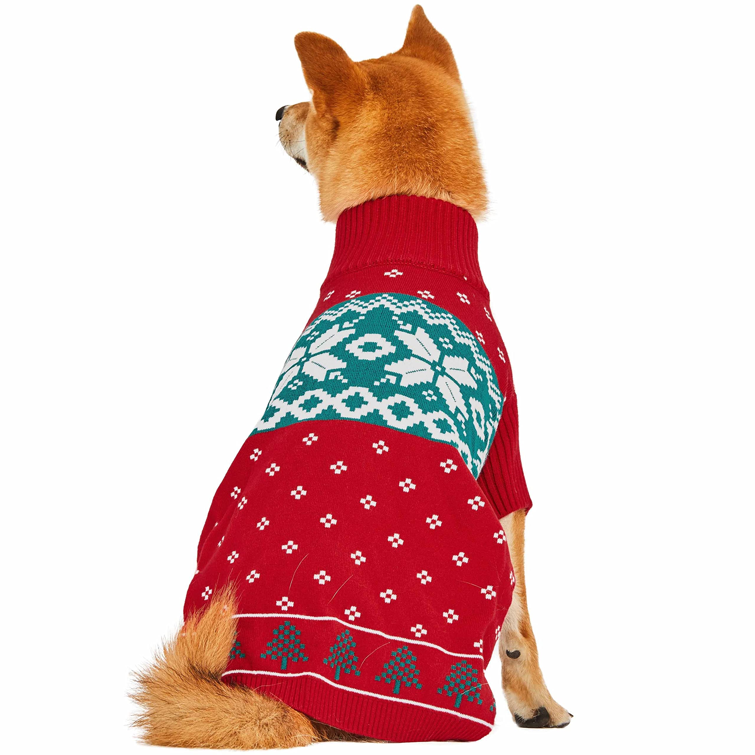 Blueberry Pet Christmas Tree and Snowflake Dog Sweater in Festive Red, Back Length 20, Pack of 1 Clothes for Dogs