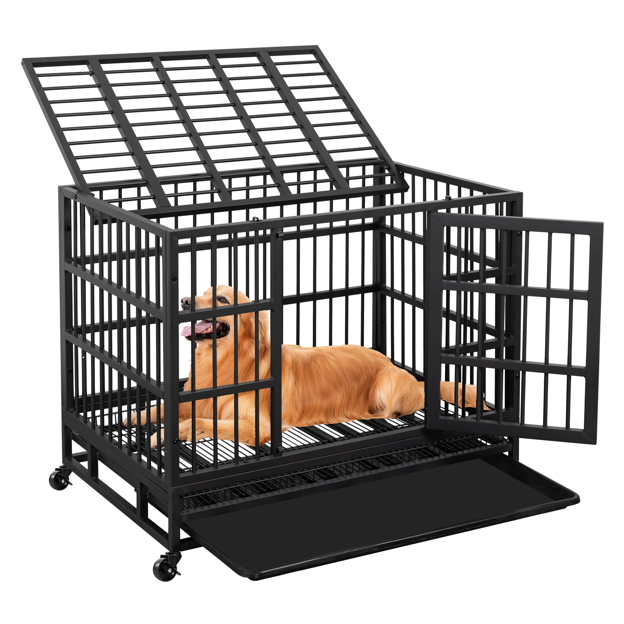 Jy Qaqa 48/38 Inch Heavy Duty Indestructible Dog Crate Double Doors Escape Proof Cage Kennel,Enhanced Metal Pet Cage,Extra Large
