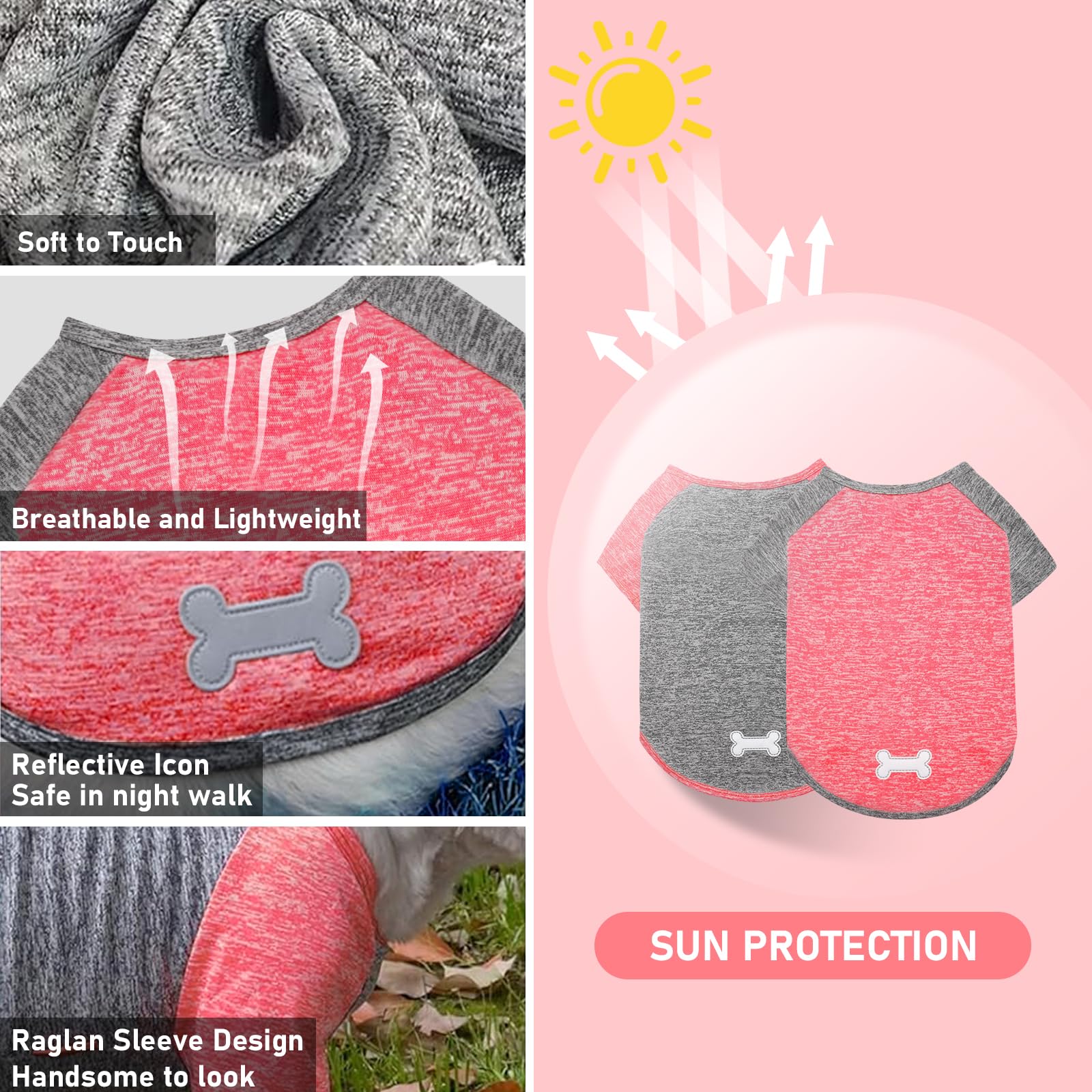 Kyeese 2 Pack Dog Shirts Quick Dry Breathable Lightweight Stretchy Dog T-Shirt With Reflective Label Raglan Sleeve Pet Clothes F