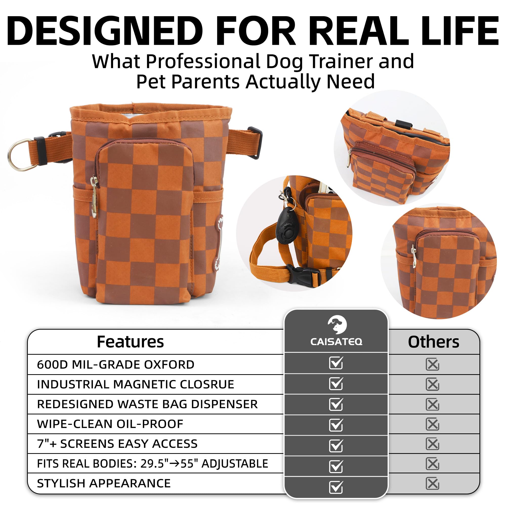CAISATEQ Pro Dog Trainer Sling Bag: Waterproof Oxford, 1-Hand Access & Phone Pocket | Includes Clicker/Bowl (Checkerboard Brown)