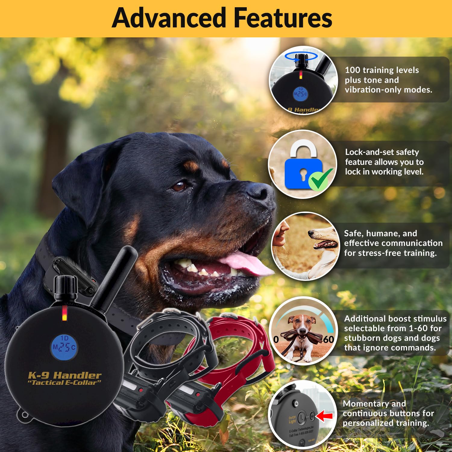 Educator K9 Tactical Dog Handler, 100 Levels Stimulation, Waterproof Biothane Bungee Collar, 33" Black, Model K9-402 B33