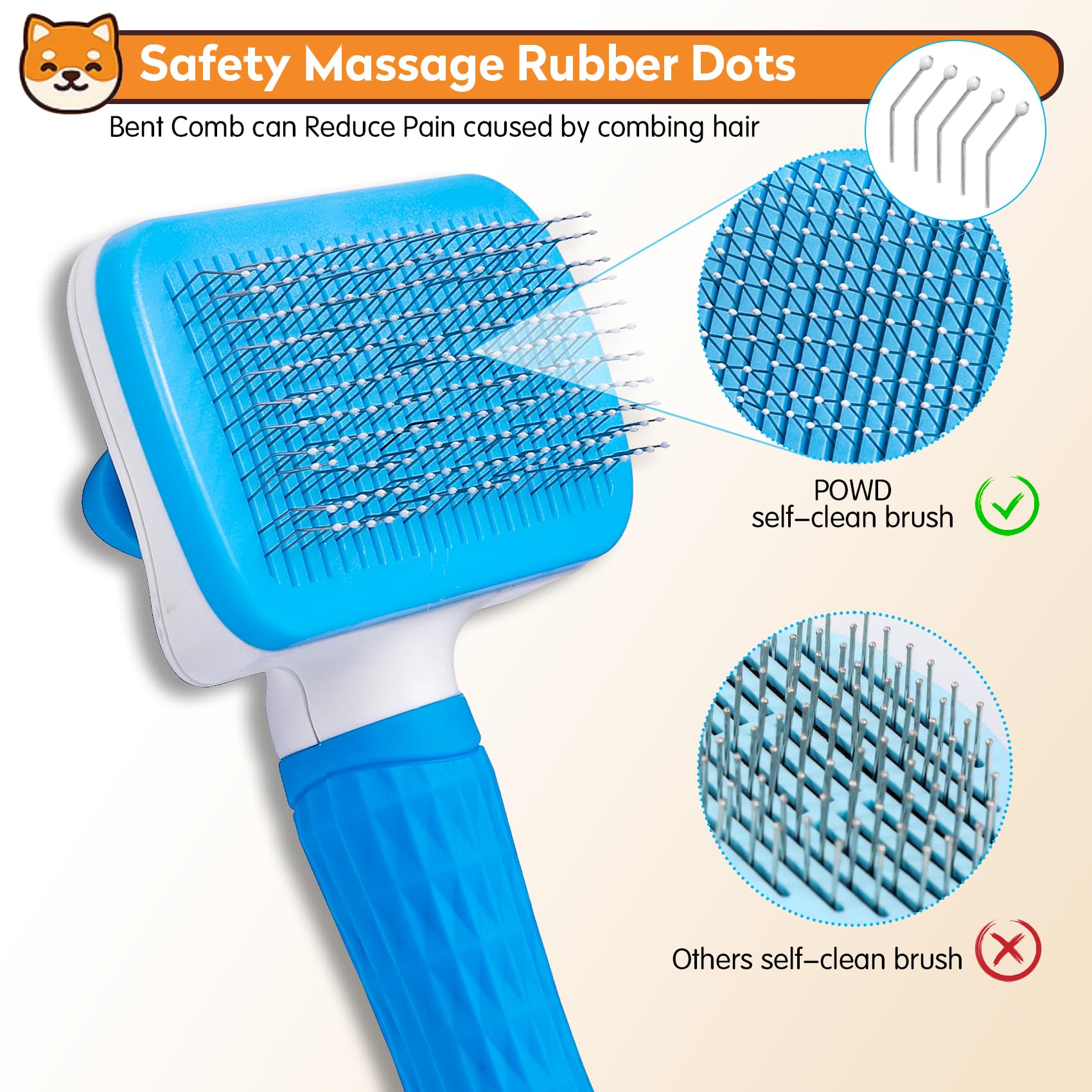 PWOD Self Cleaning Slicker Brush for Dogs & Cats, Blue, 1 Regular, Plastic, Removes Shedding & Loose Undercoat