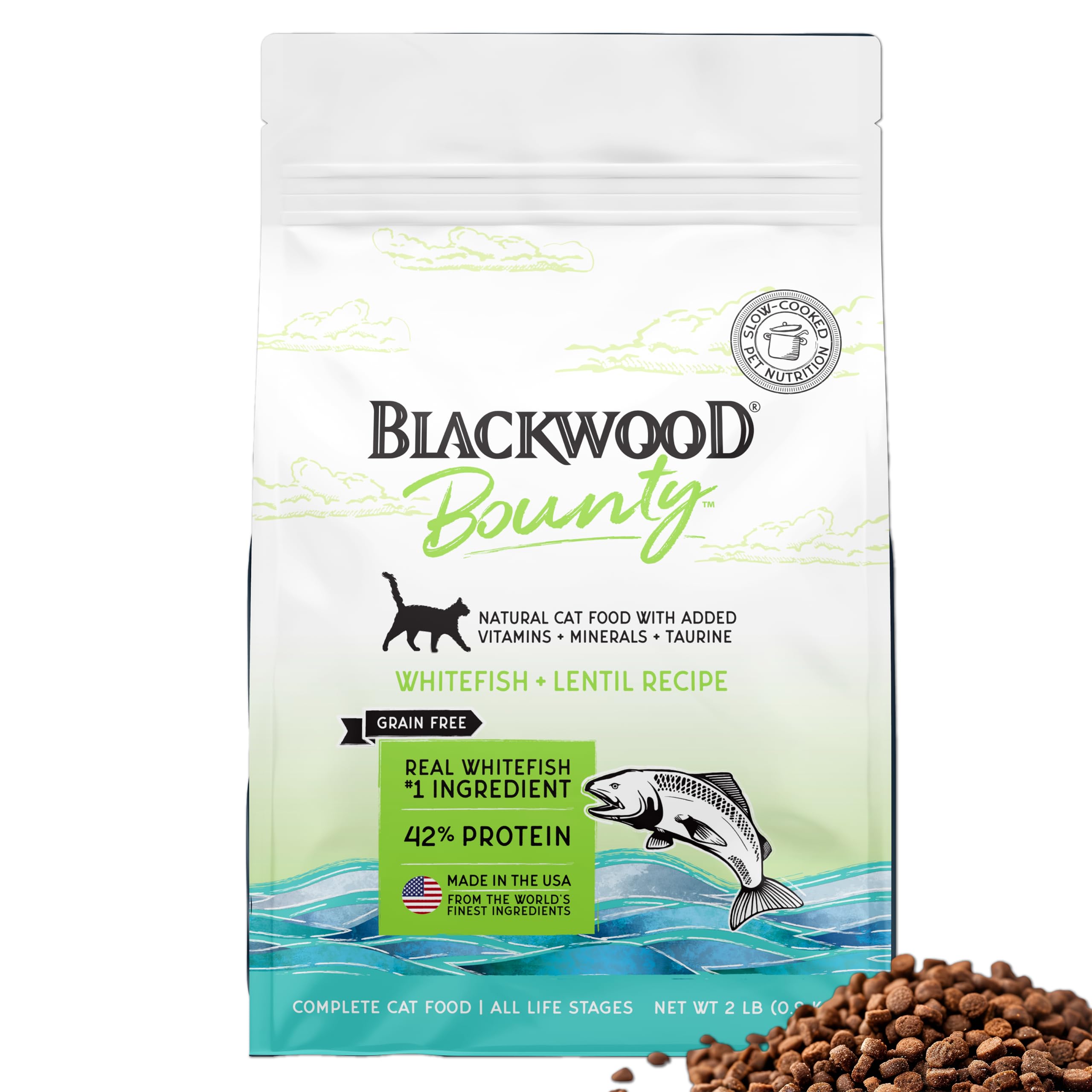 Blackwood Bounty Dry Cat Food, Whitefish & Lentil Recipe for All Life Stages, 2 Pound Bag, High Protein, Grain Free