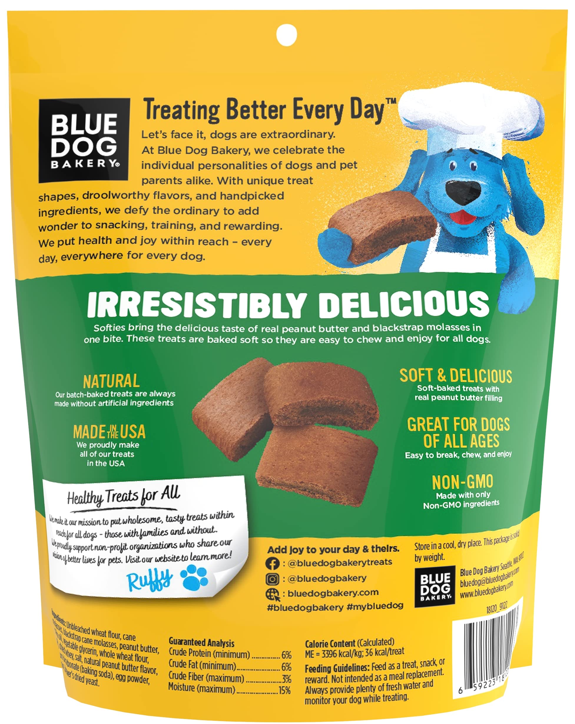Blue Dog Bakery Natural Dog Treats, Softies, Peanut Butter Flavor, 16.2oz Bag, 6 Bags