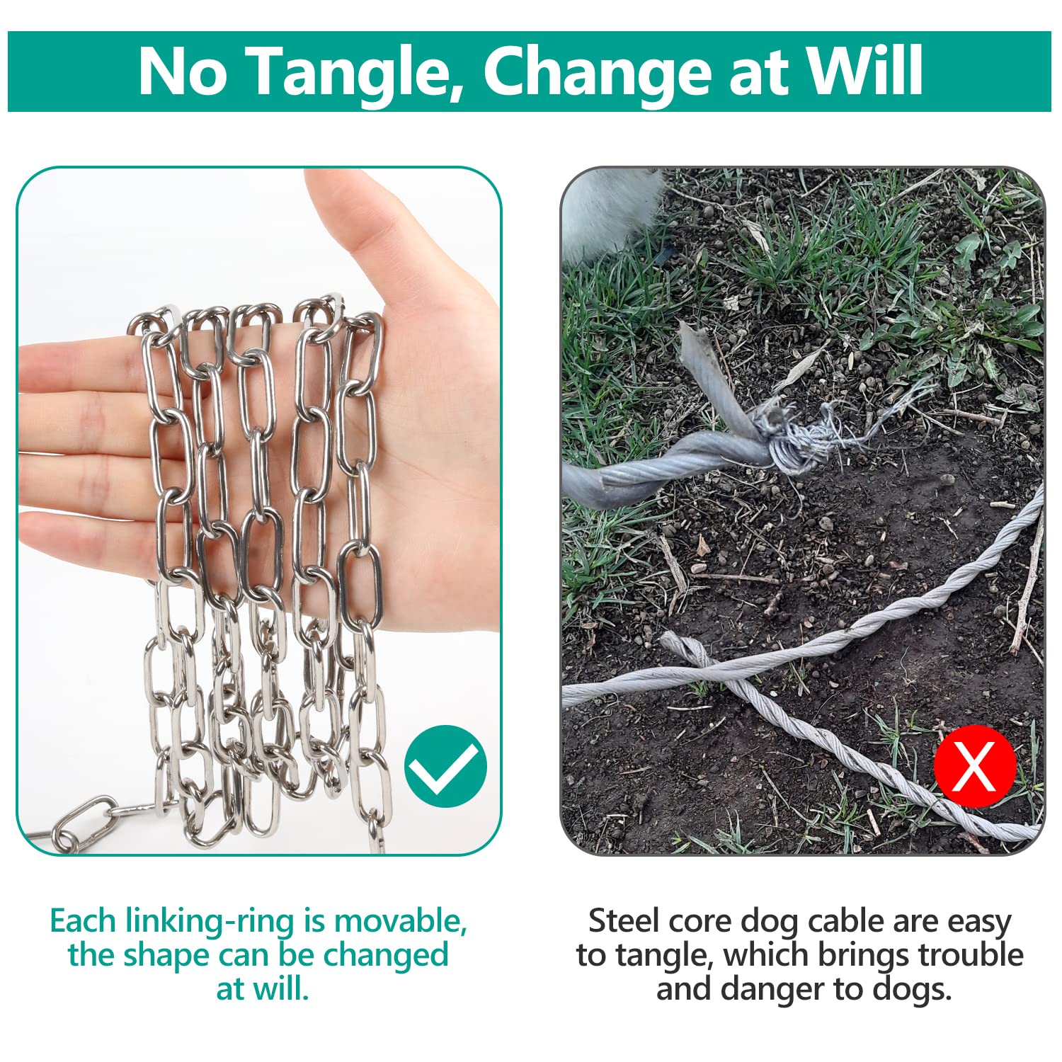 Tresbro 20FT Heavy Duty Dog Chain - Stainless Steel Tie Out Cable, 3MM, Silver, Chew Proof for Small Medium Dogs, Outdoor Use