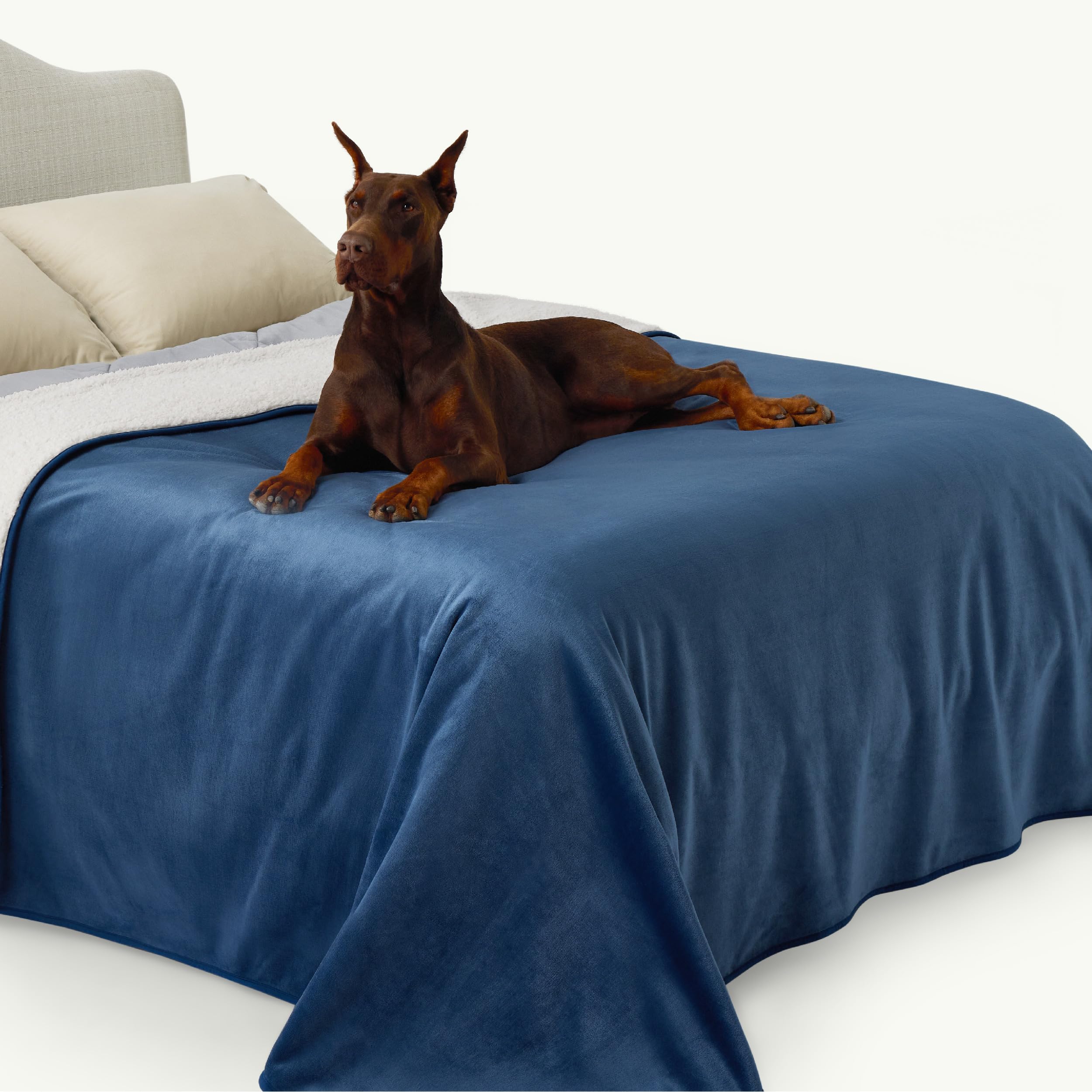 Bedsure Waterproof Blanket For Bed - Sherpa Fleece Waterproof Dog Blankets For Large Dogs, Pet Blankets For Bed/Couch/Dog Crate, Soft Plush Reversible Furniture Protector, King Size, 108'X86', Blue