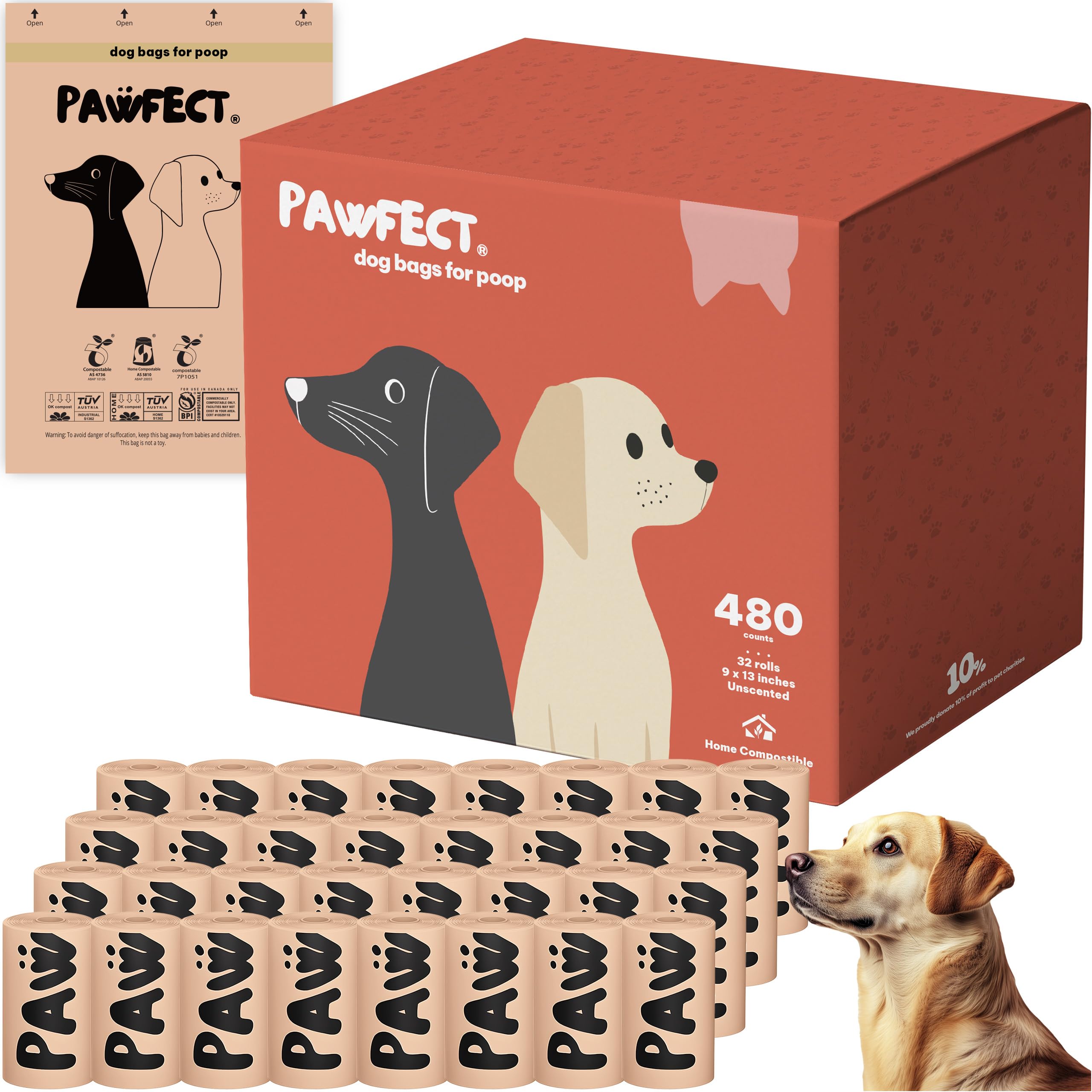 Pawfect Dog Poop Bags Rolls - Biodegradable Poop Bags, Compostable Dog Waste Bags, BPI Certified Pet Waste Bags, Unscented, Larg