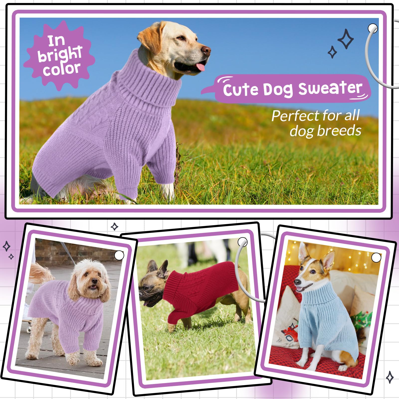 Queenmore Dog Sweater For Small Puppies & Large Dogs - Warm Winter Fall Sweater, Solid Turtleneck Knit With Long Sleeves, Lilac