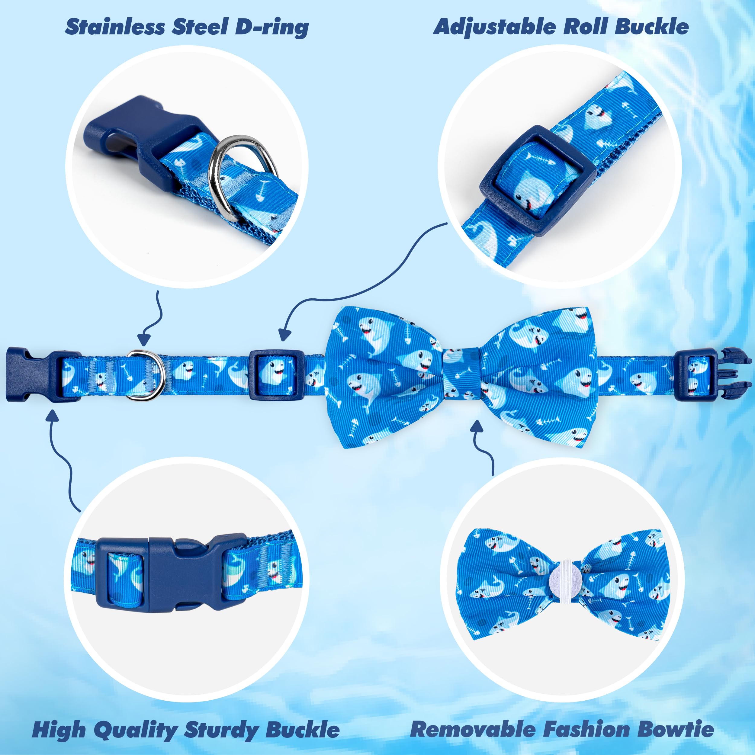 Azuza Dog Collar With Bow Tie, Soft And Comfortable Adjustable Bowtie Dog Collar For Medium Dogs (M, Shark)