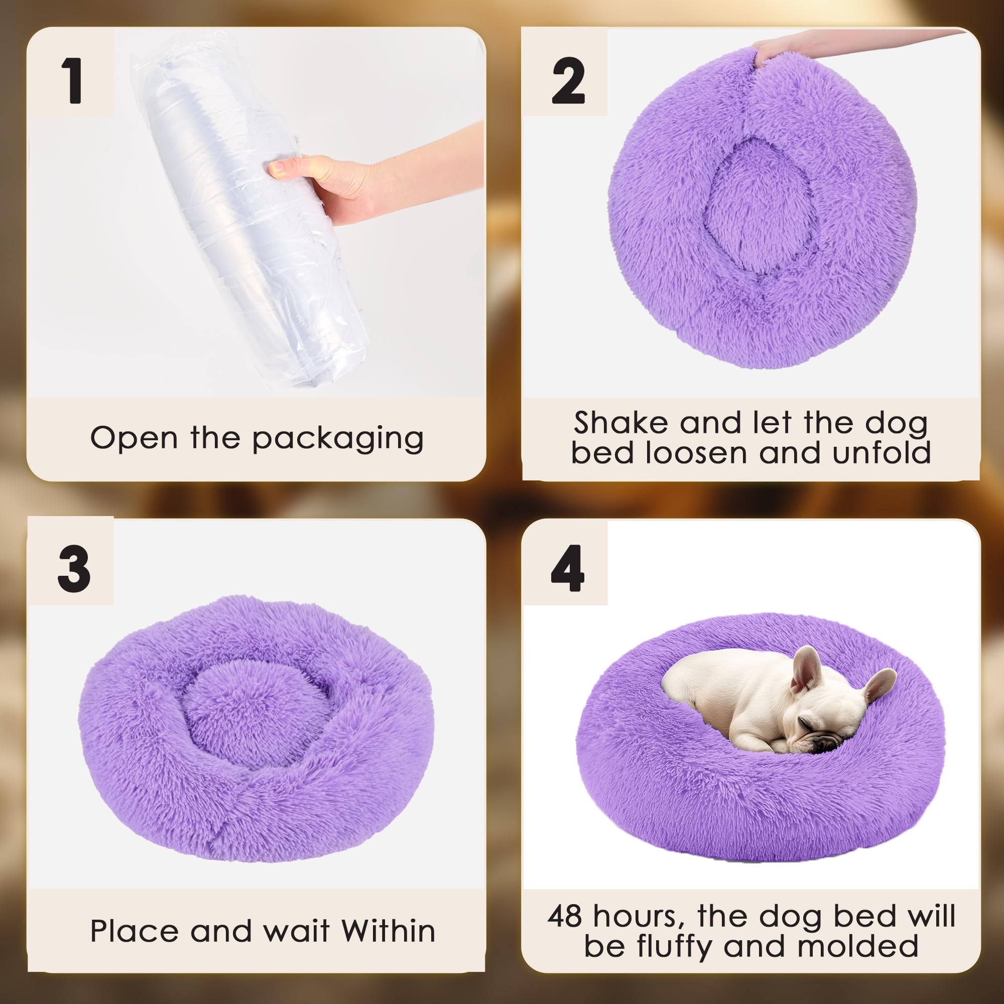 Dogs Bed for Small Dogs, Anti-Anxiety Washable Round Bed (Purple, 24.0 L x 24.0 W x 8.0 Th)