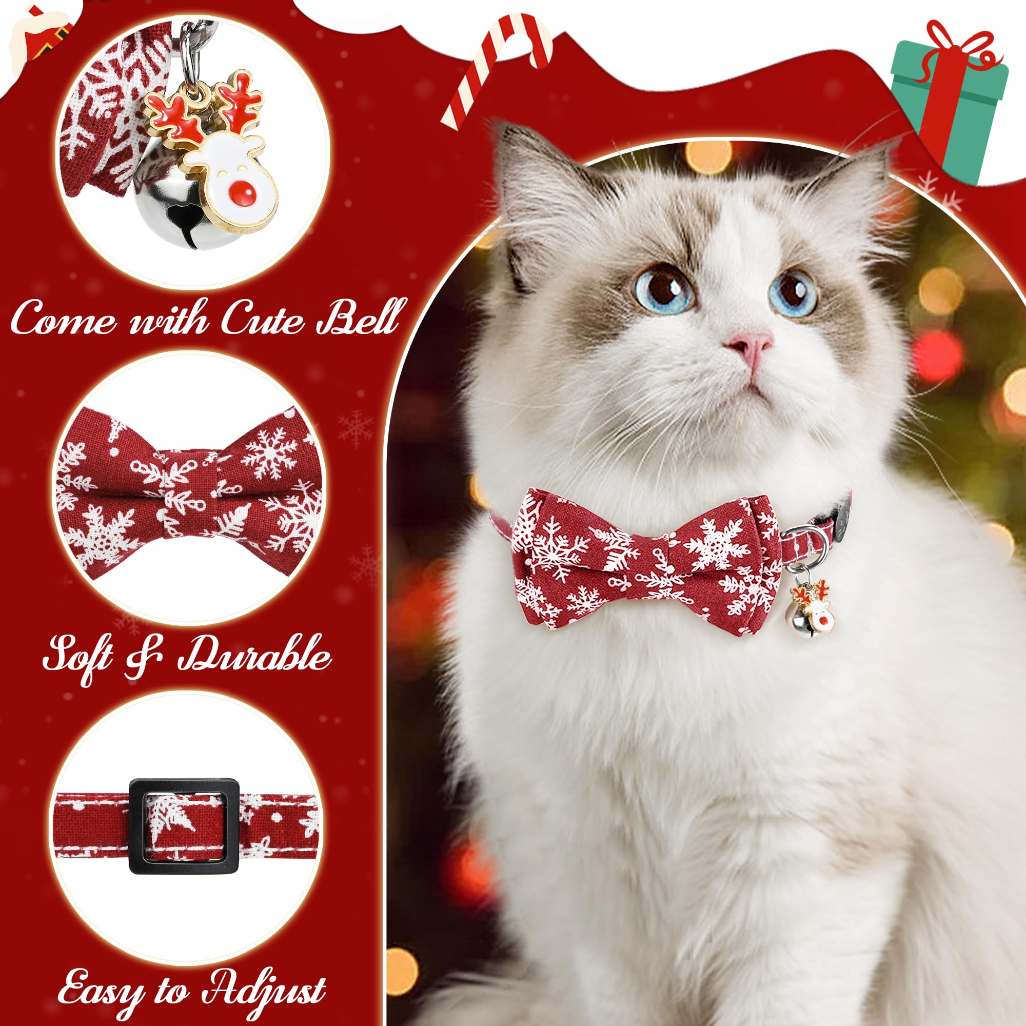 G-Ficu 2 Pack Christmas Cat Collar Breakaway With Cute Bow Tie Bell Charm, Snowflake Santa Claus Holiday Collars For Girl Boy Ca