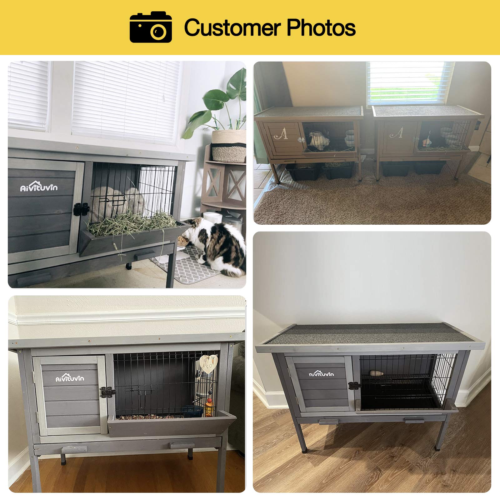 Aivituvin Outdoor Rabbit Hutch - Wooden Bunny Cage, Medium, Grey, Model AIR01-B with Leakproof Tray and Metal Wire Pan