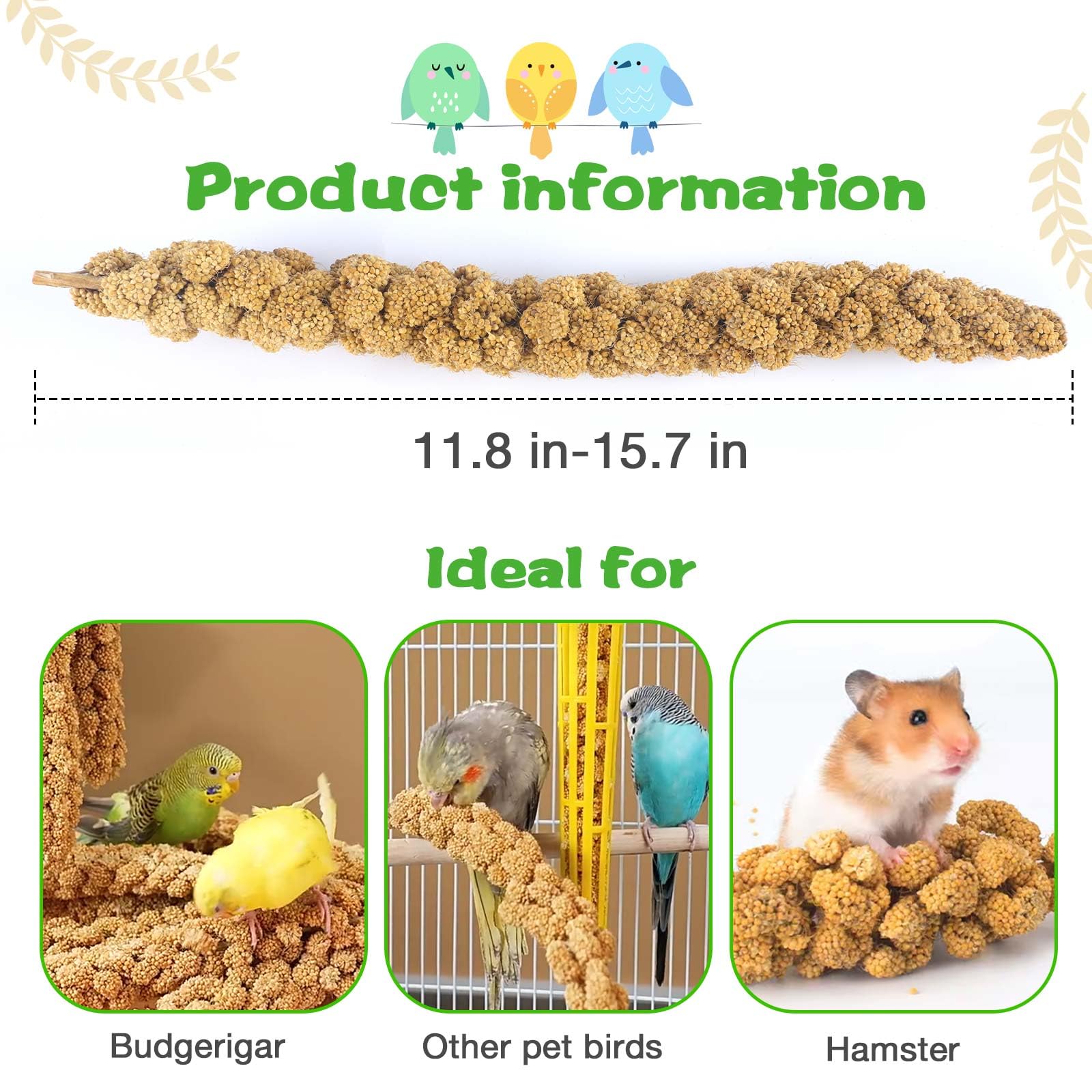 Millet for Birds 1.2LB, Natural Sun-Dried Millet Spray for Birds Seed No Stems Only Edible Tops for Parakeet, Budgies, Finches,