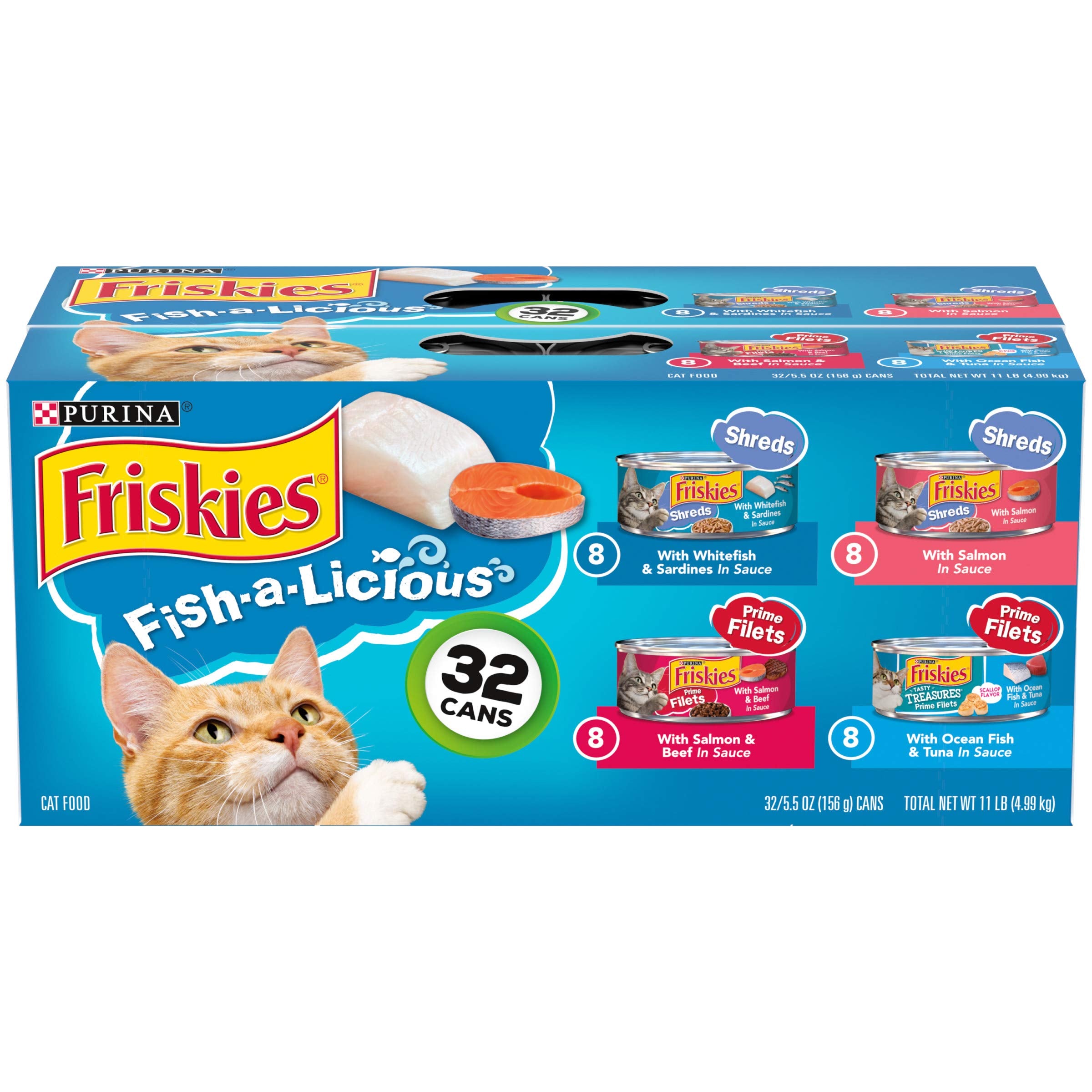 Purina Friskies Wet Cat Food Variety Pack Fish-A-Licious Extra Gravy, Prime Filets and Tasty Treasures - (Pack of 32) 5.5 Oz. Ca