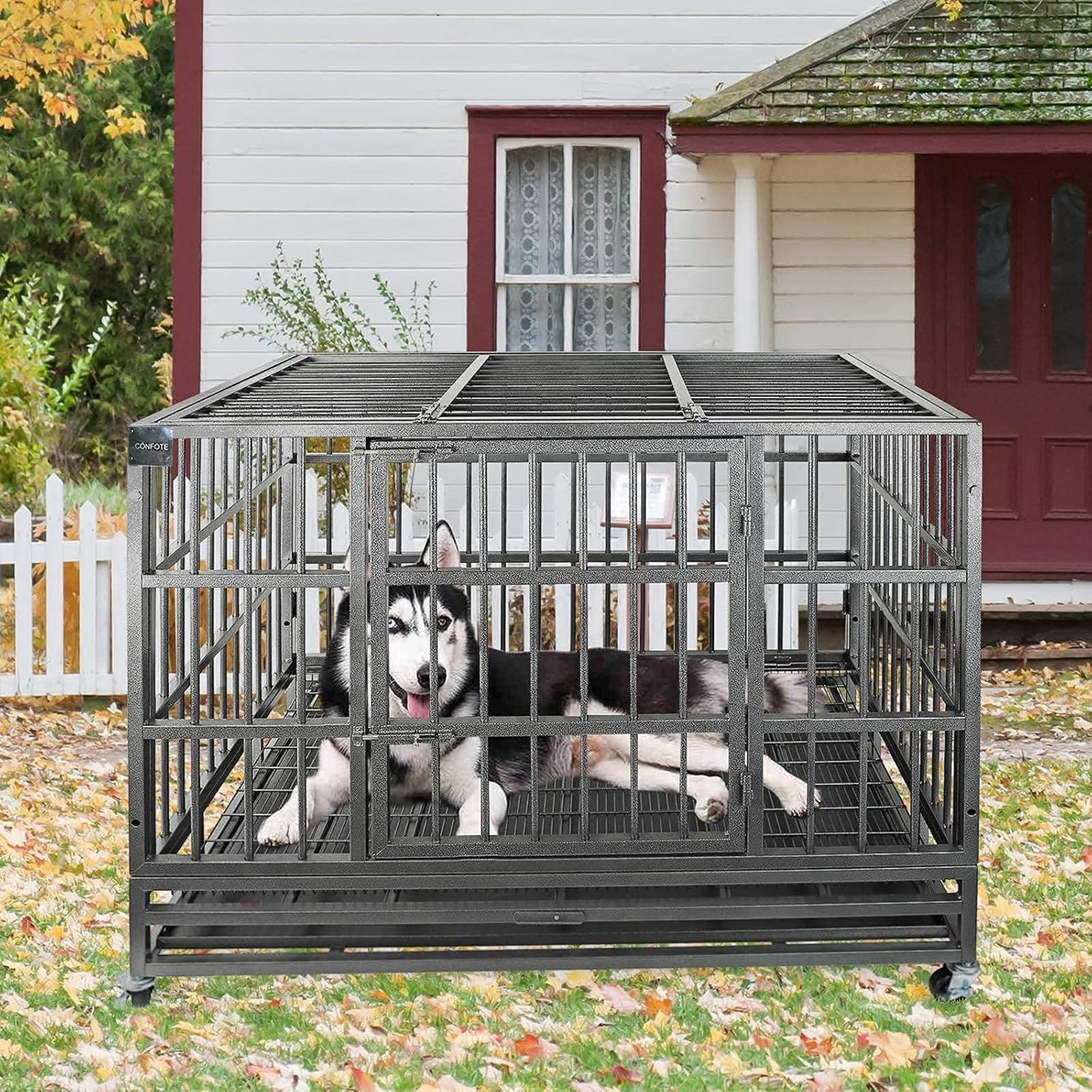 Confote 48'' Heavy Dog Duty Cage Metal Indestructible Dog Kennels Crate For Large Dogs With Double Doors & Lockable Wheels