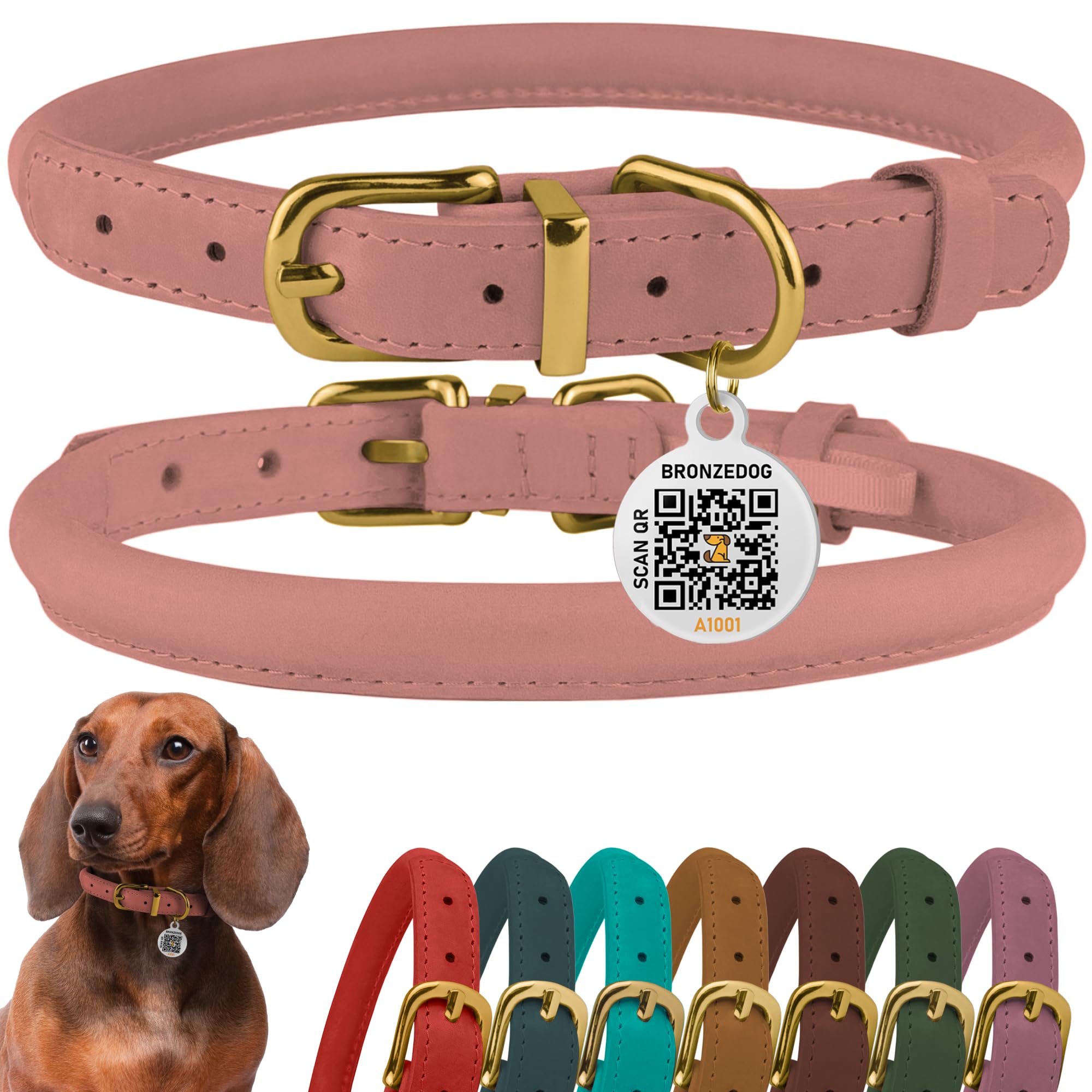 Bronzedog Rolled Leather Dog Collar With Qr Id Tag, Adjustable Soft Round Collars For Small Medium Large Dogs Puppy (16'' - 19''