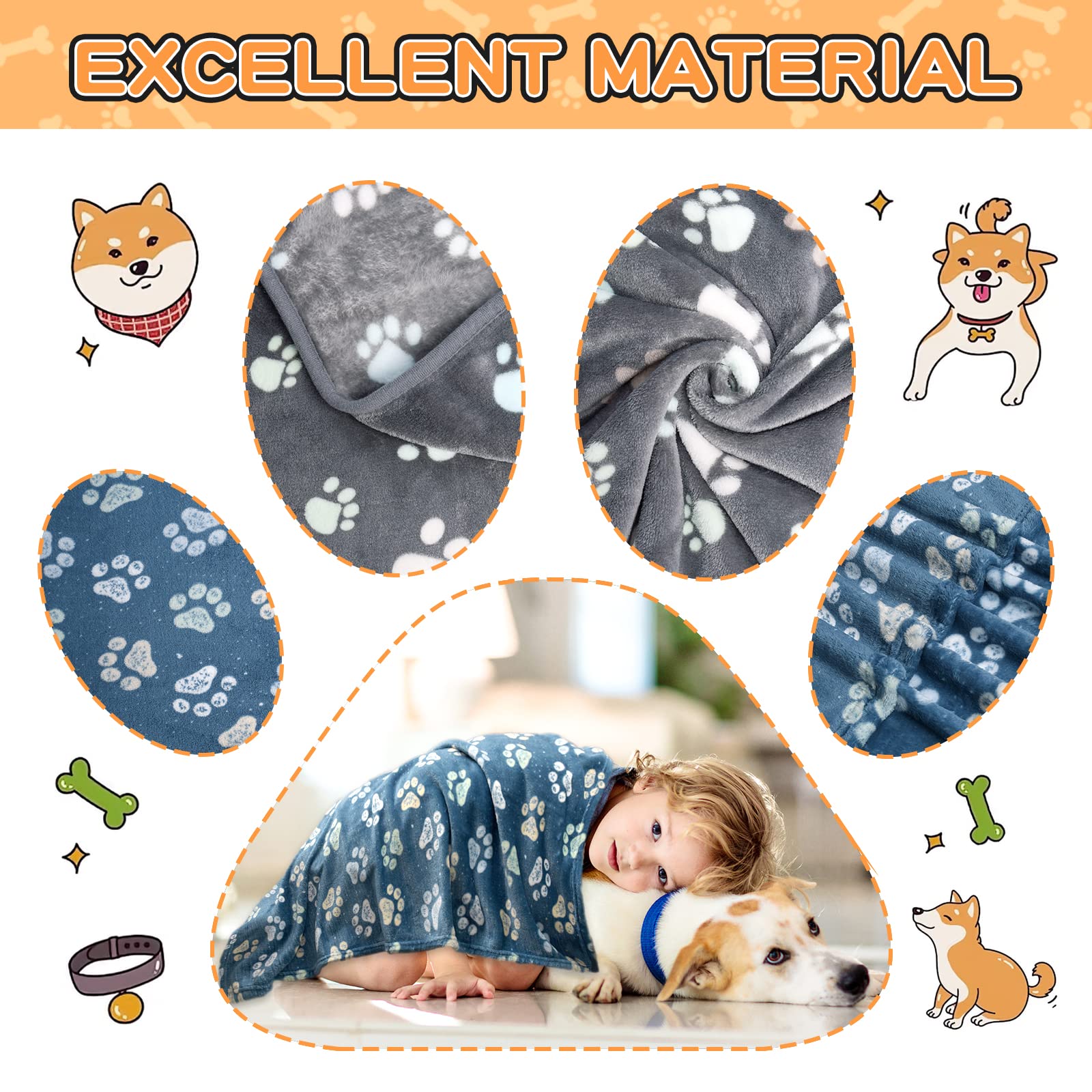 1 Pack 3 Dog Blankets, Super Soft Fluffy Premium Fleece Pet Blanket Flannel Throw For Large, Medium Dogs & Puppies, Blue & Gray,