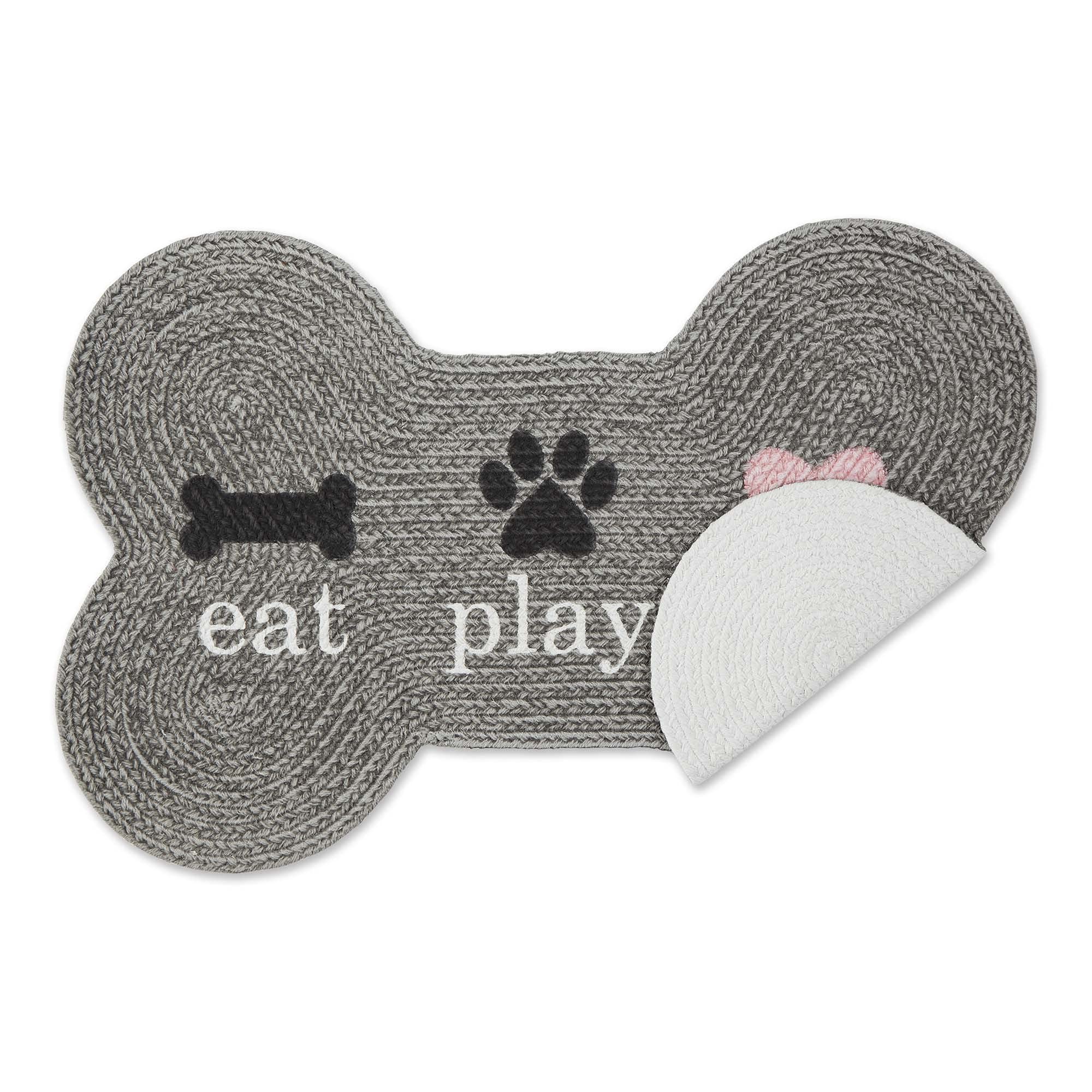 Bone Dry DII Braided Pet Mat Collection 100% Cotton, Bone Shape, Gray Eat Play Love