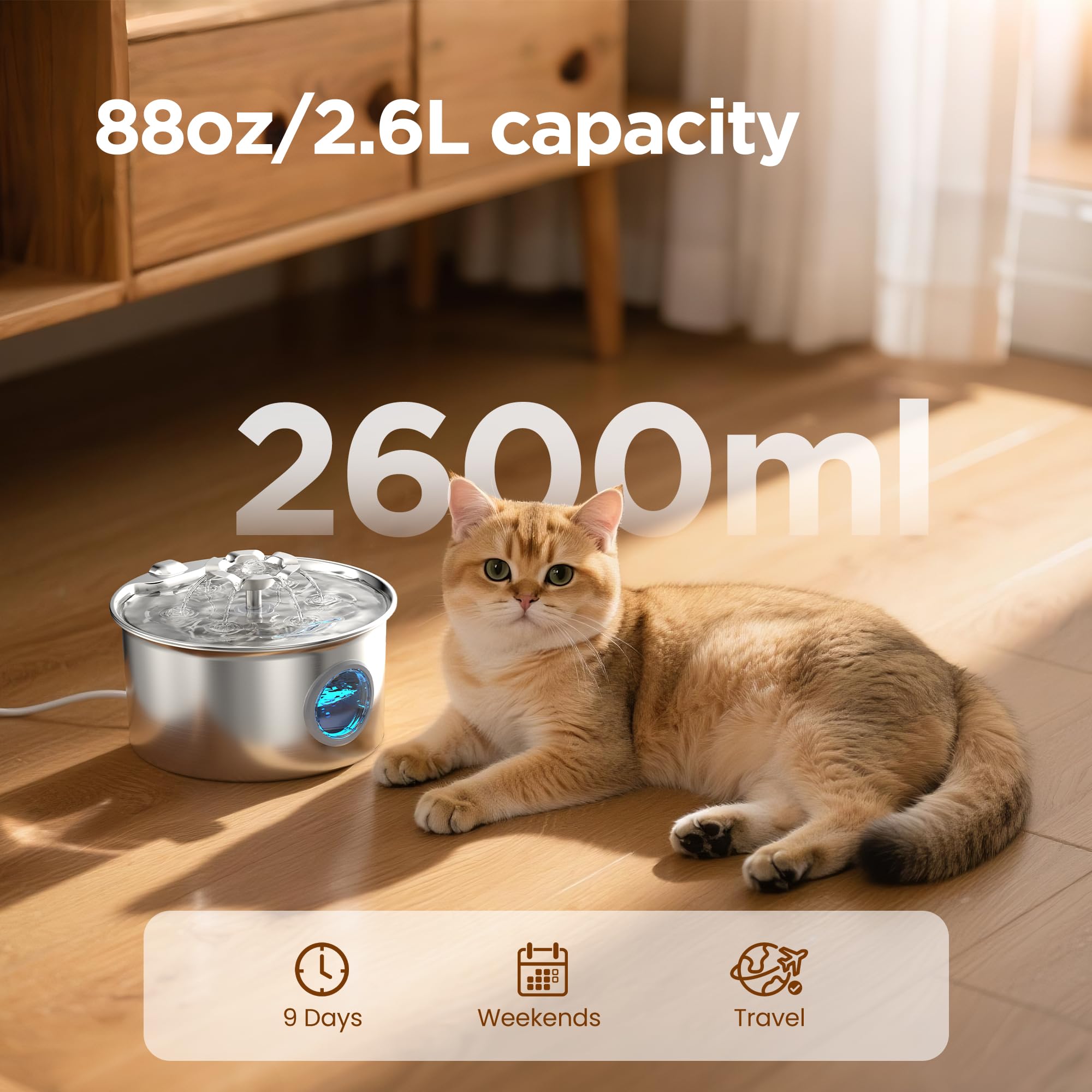 Stainless Steel Cat Water Fountain: 88oz/2.6L Ultra Quiet Pet Fountain with Flower Kitty Spout & LED Blue Light Water Dispenser