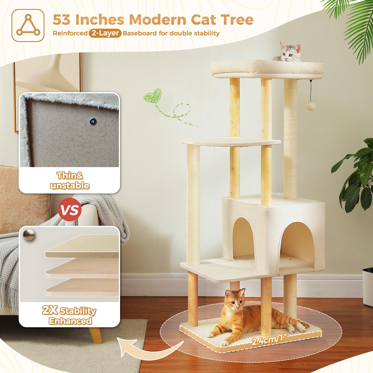 Pawz Road Large Cat Tree, 73 Inches Tall Wooden Cat Tower With 2 Spacious Hammocks,2 Big Top Beds,8 Fully Scratching Posts And N