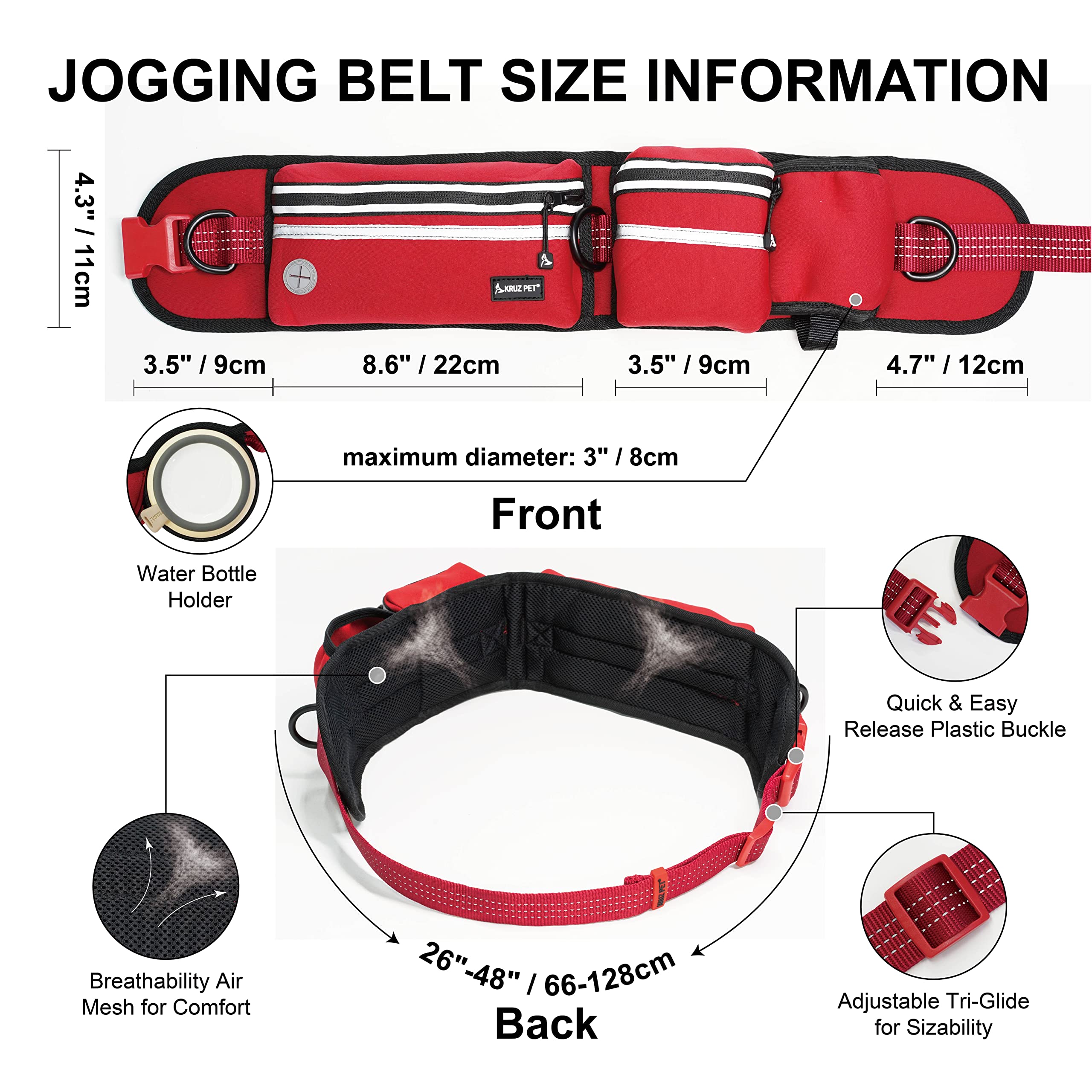Kruz Pet Kzjbelt-11 Jogging Belt And Hands Free Dog Leash Retractable Shock Absorbing Bungee Leash With Waist Belt Running, Walk