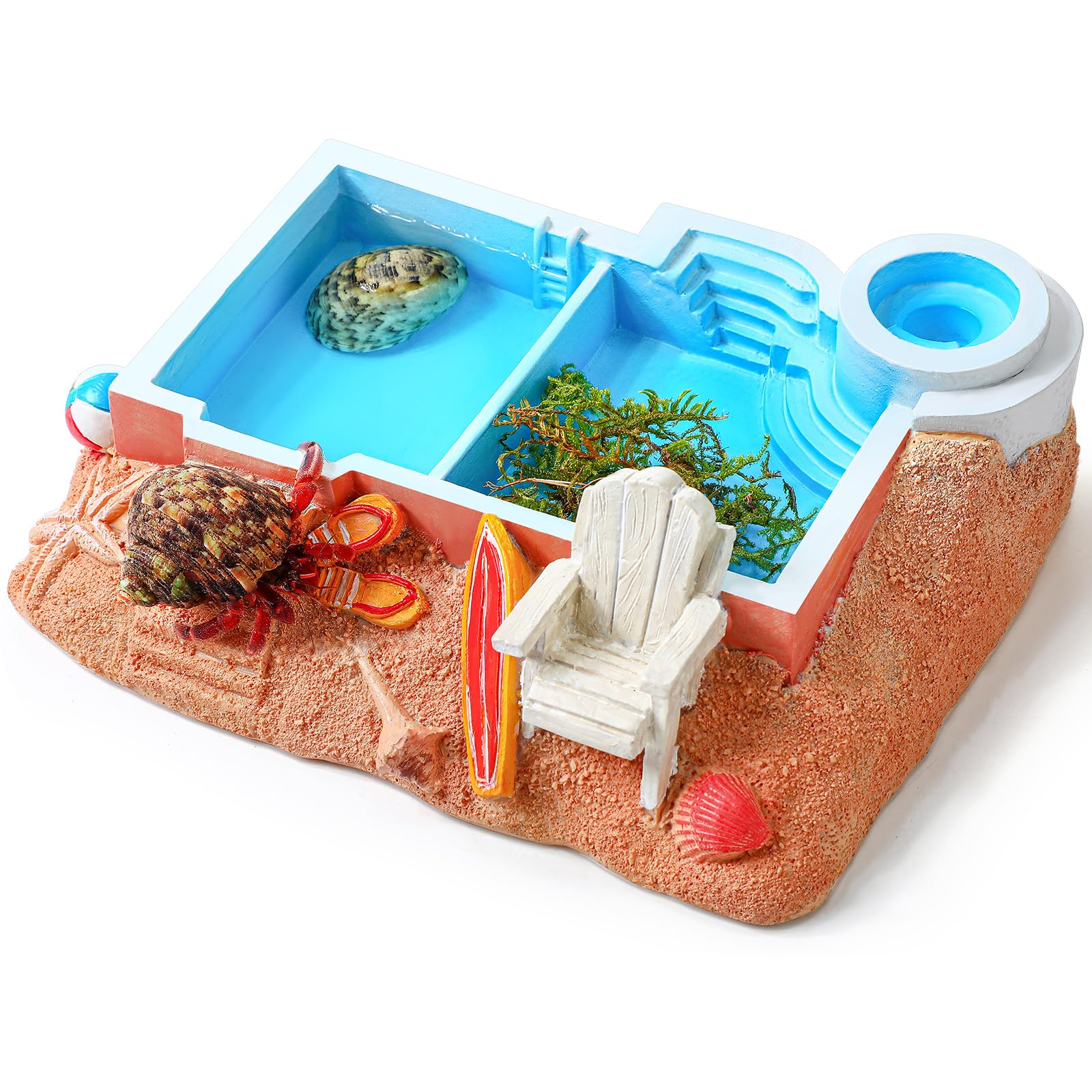 Gerrii Hermit Crab Water Bowl with Climbing Ramp, 2 Compartments Resin Hermit Crab Water Bathing Pool and Food Dish Seashell Rep