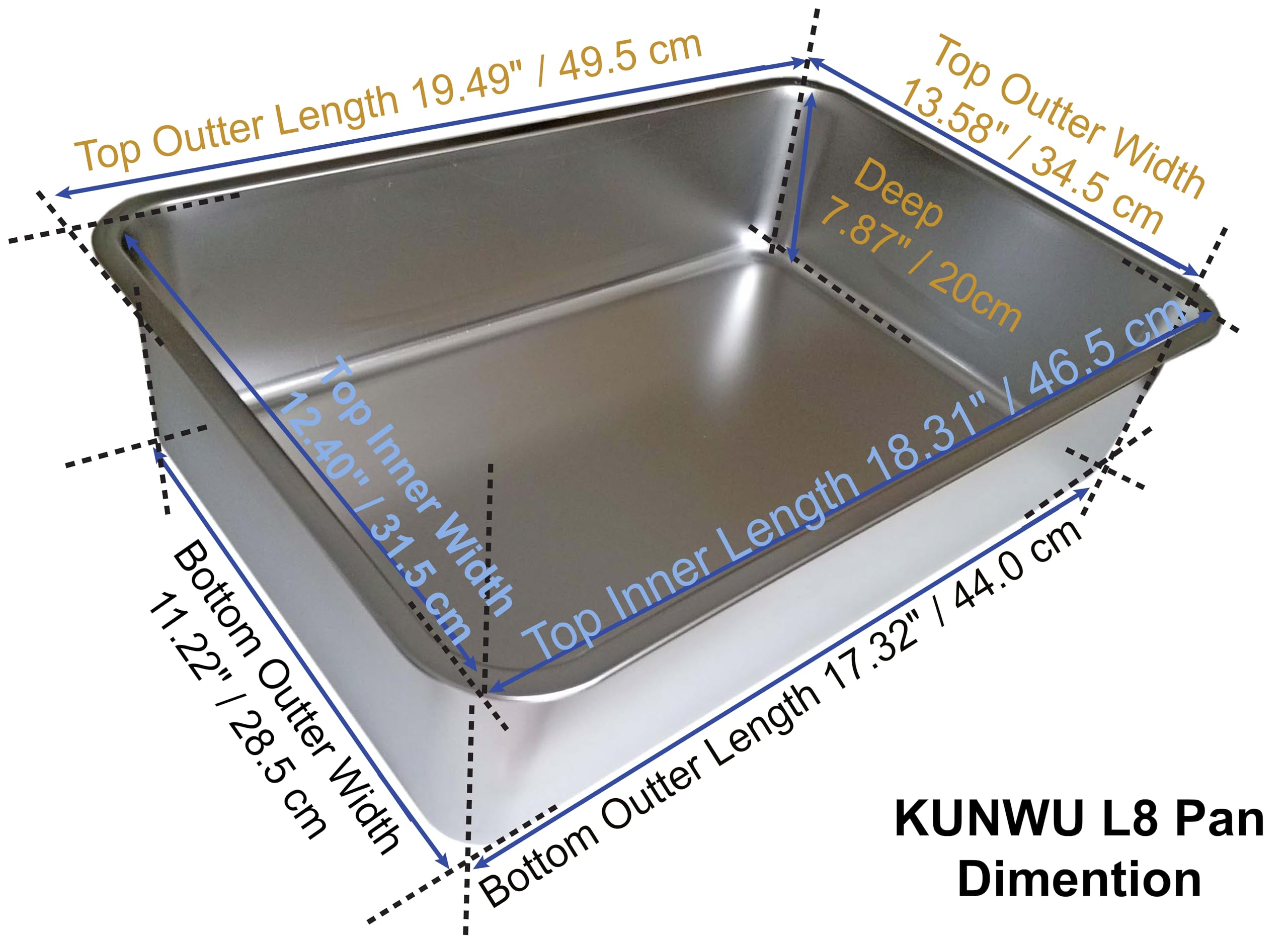 Kunwu Stainless Steel Pet Litter Box L8, 20X14X8 For Cat, Dog & Rabbit, Corrosion Resistant Easy Clean No Residue Build Up