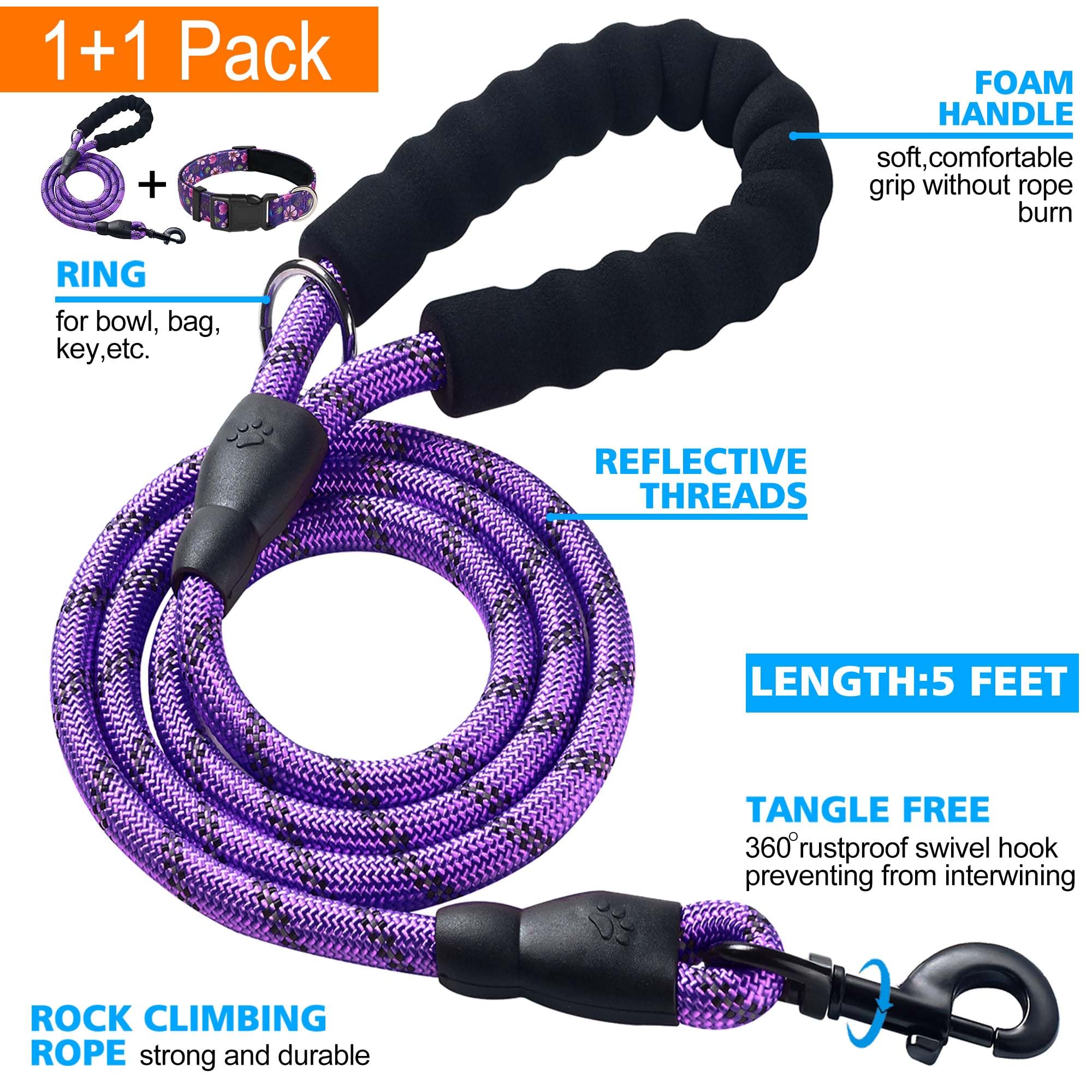 Ladoogo Reflective Dog Collar Padded With Soft Neoprene Breathable Adjustable Nylon Dog Collars For Small Medium Large Dogs (Small (Pack Of 1), Purple/Pink Floral Collar+Leash)