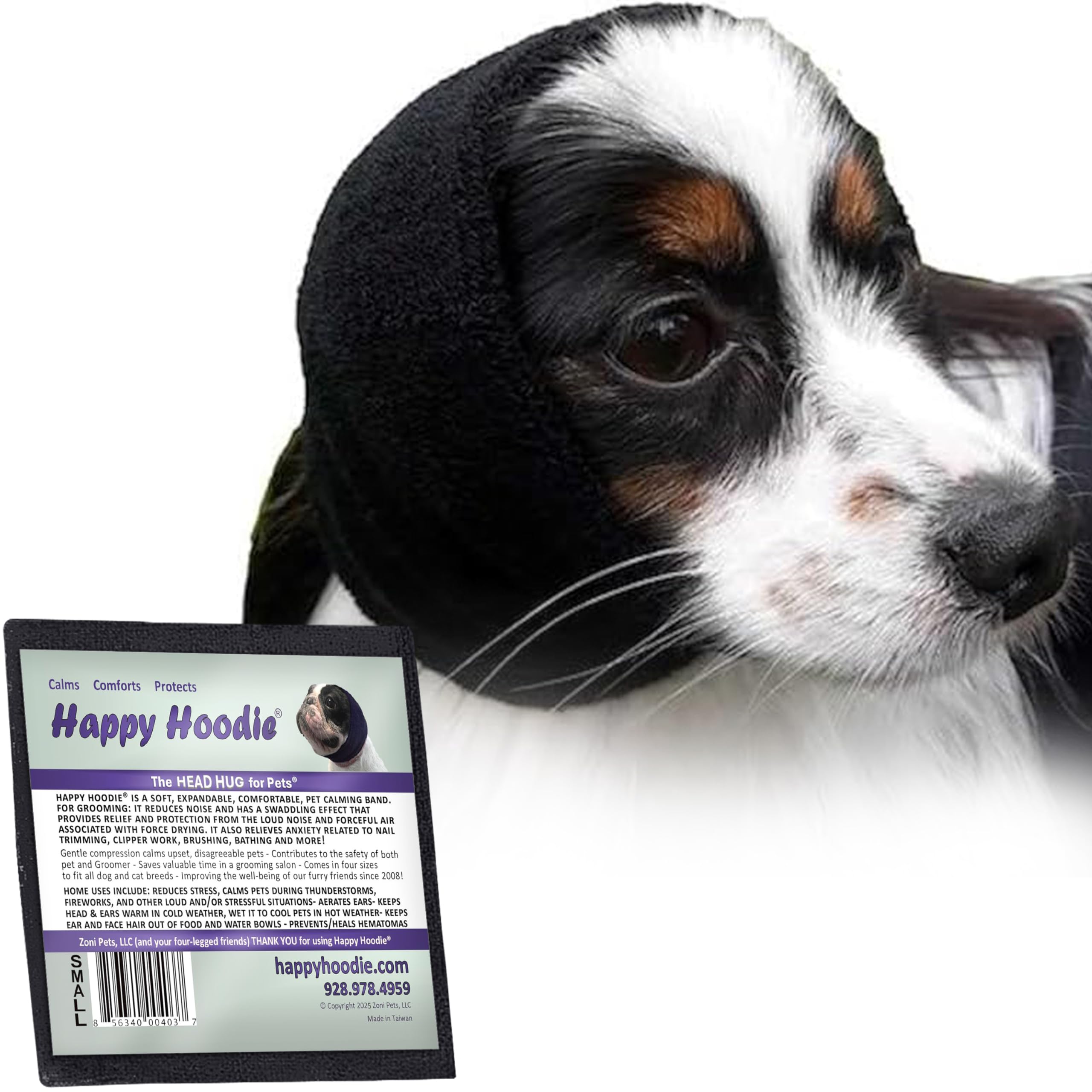 Happy Hoodie The Original Dog & Cat Calming Band, Anxiety Relief/Noise Protection-Grooming-Thunder-Fireworks (Small, Black)