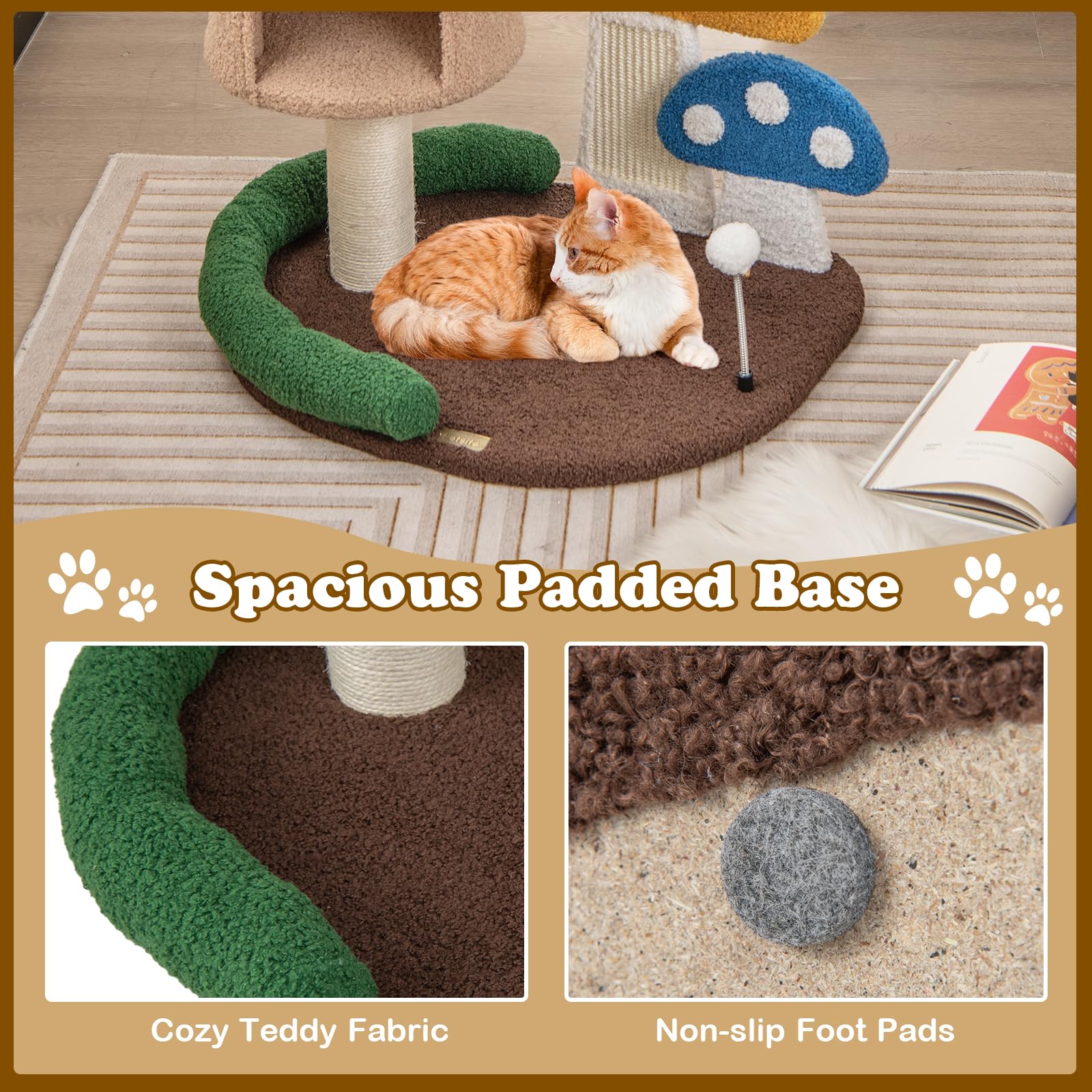 Petsite Mushroom Cat Tree, Modern Small Cat Tower With Natural Sisal Scratching Post & Board, Cat Condo And Teasing Spring Ball,
