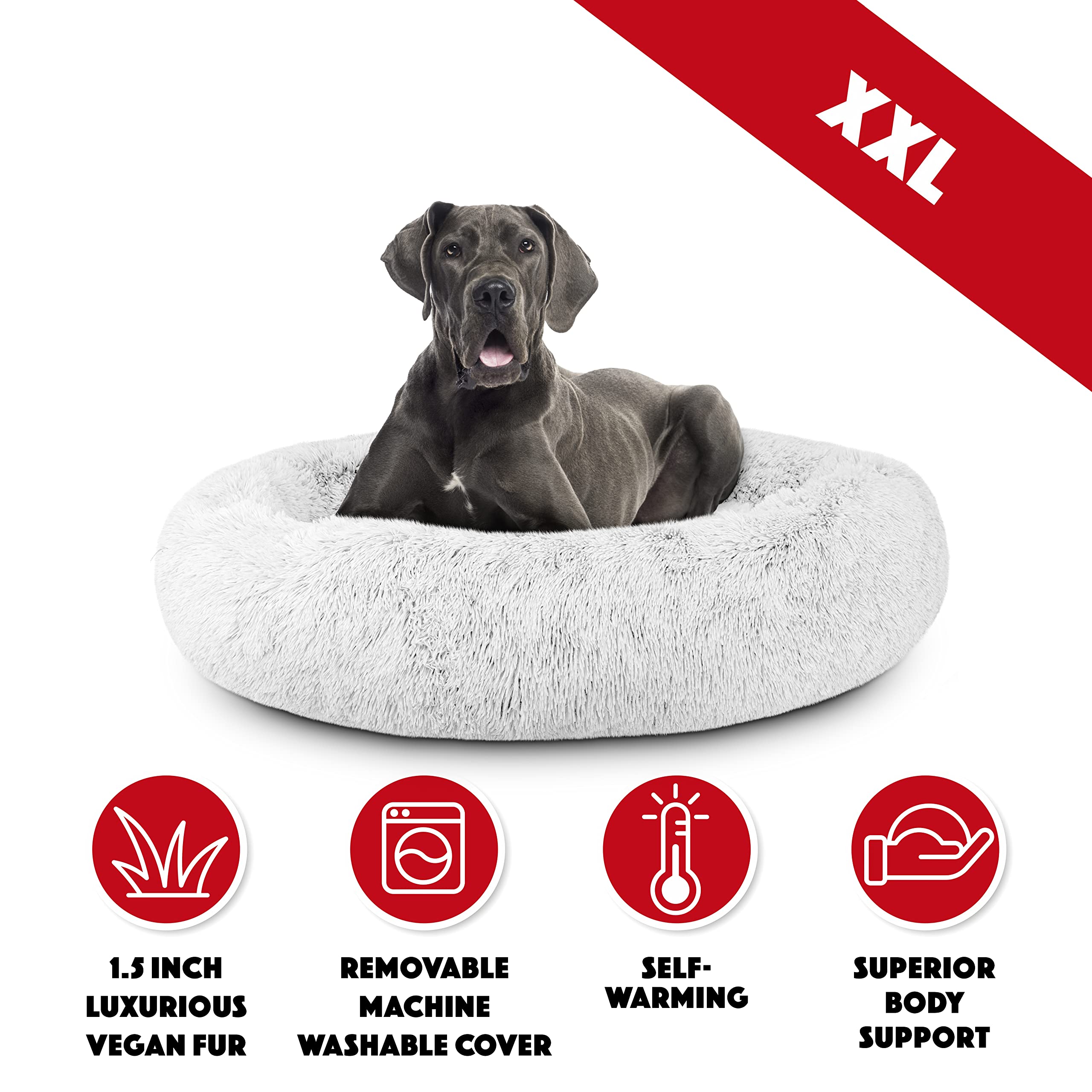 The Dogs Bed Sound Sleep Donut Dog Bed, XXL Ice White Fur Calming Nest Bed Removable Cover, Veterinary Approved