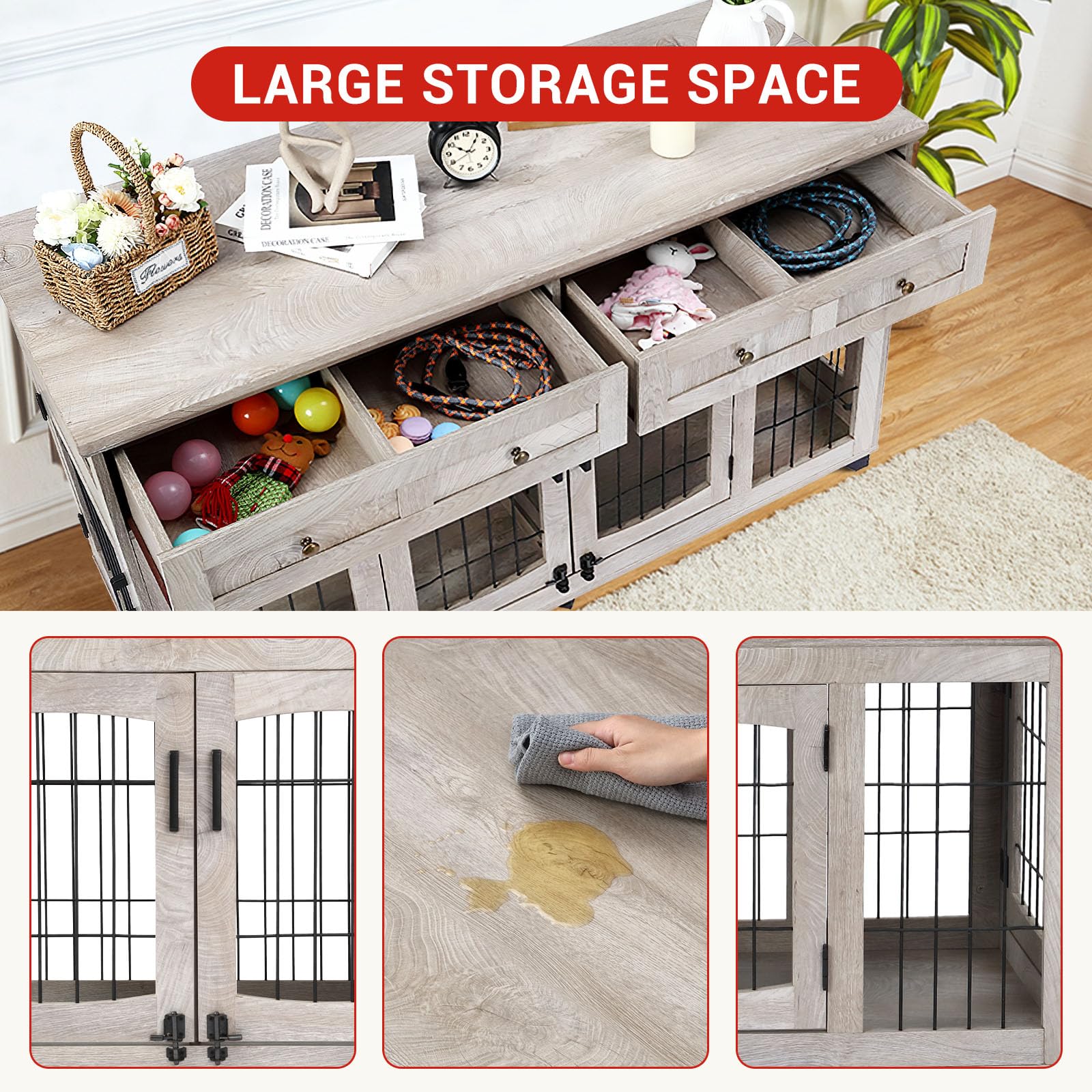 Dog Crate Furniture with 5 Doors, 58 Wooden Dog Kennel End Table with Large Capacity Drawers, Dog House with Openable Divider fo