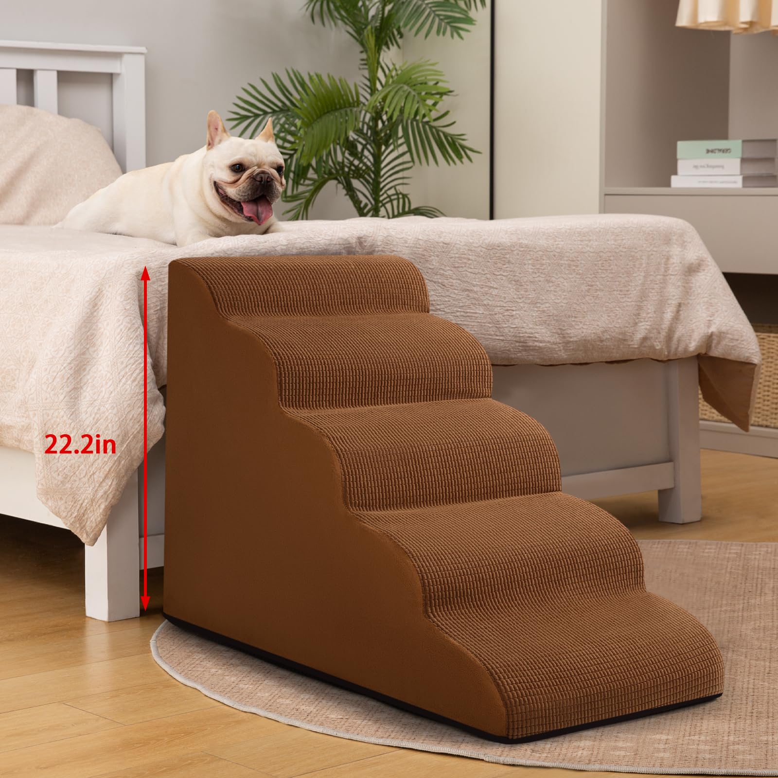 Aodisman 5-Step Dog Stairs Ramp for High Bed, Non-Slip Foam Steps, 22.2" H, Brown, Model Y02-Brown