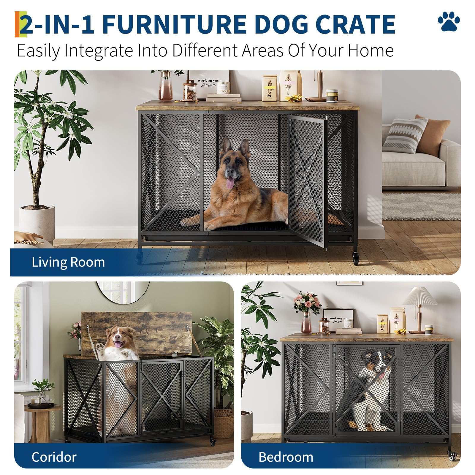GarveeLife 48 in Heavy Duty Dog Crate Furniture with Wheels, Flip Top Dog Kennel End Table with Removable Tray, Multi-Functional
